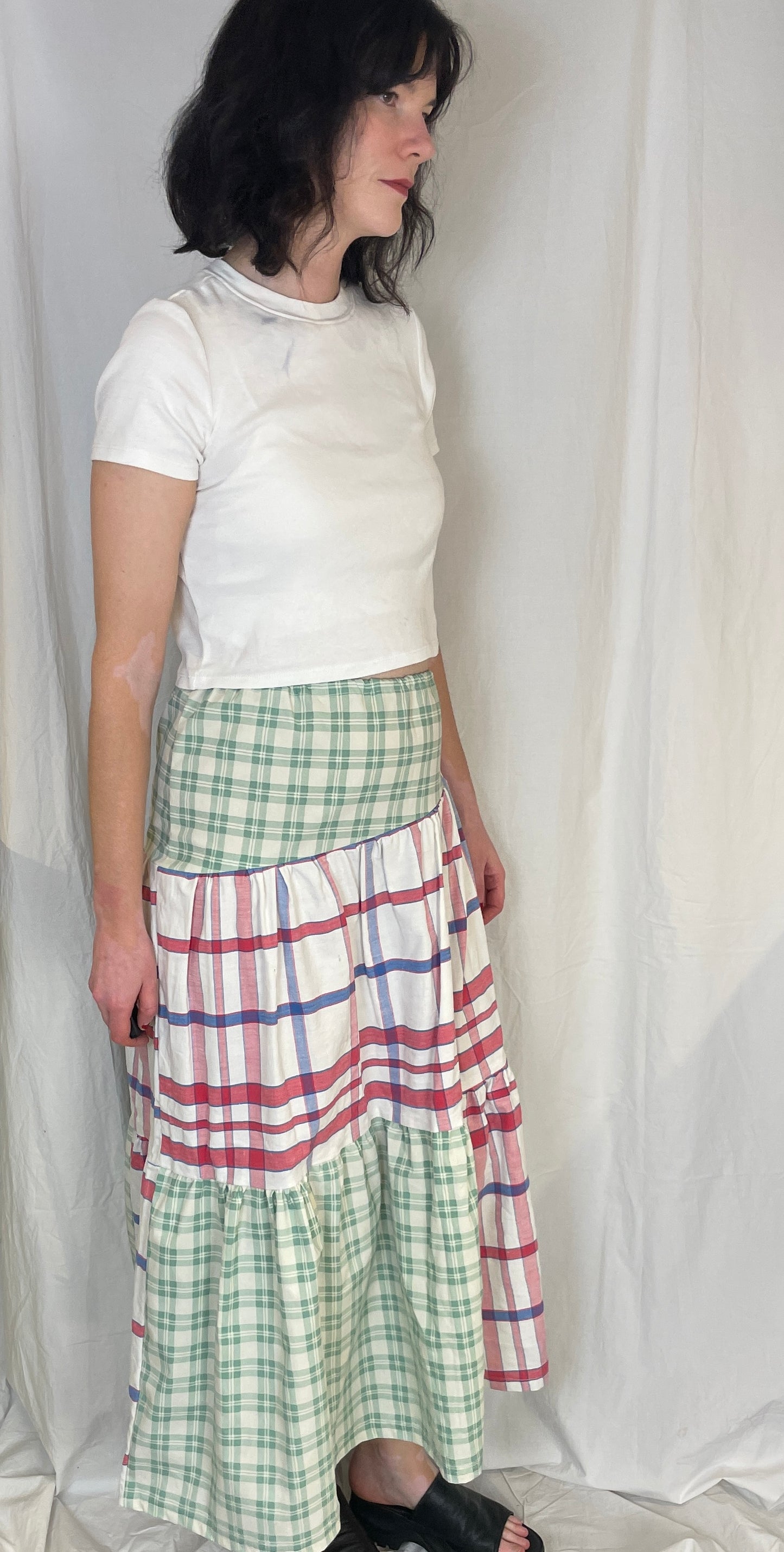 Kelly Handmade Green and Red Checked Patchwork Asymmetric Hem Tiered Maxi Skirt