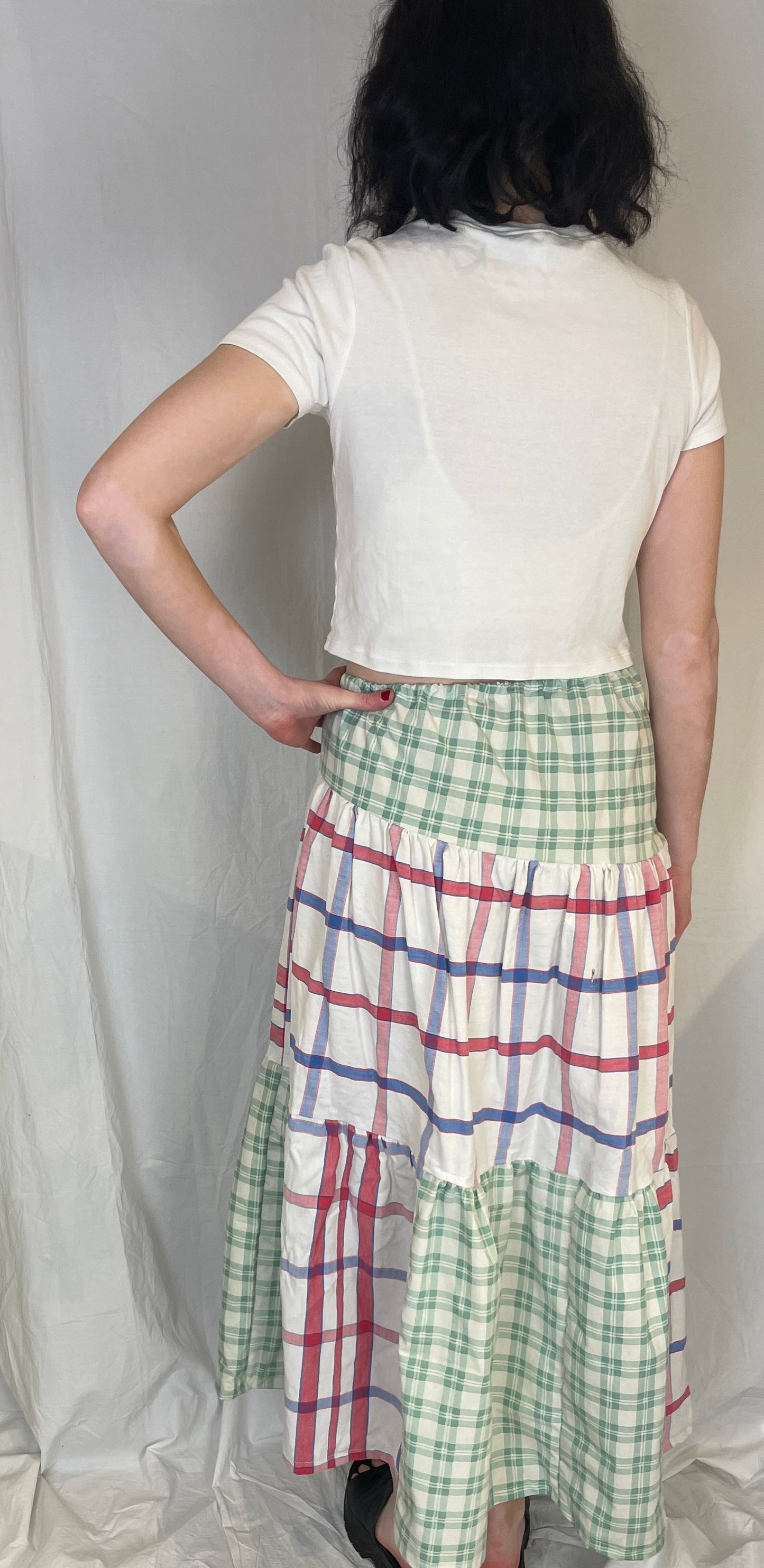 Kelly Handmade Green and Red Checked Patchwork Asymmetric Hem Tiered Maxi Skirt