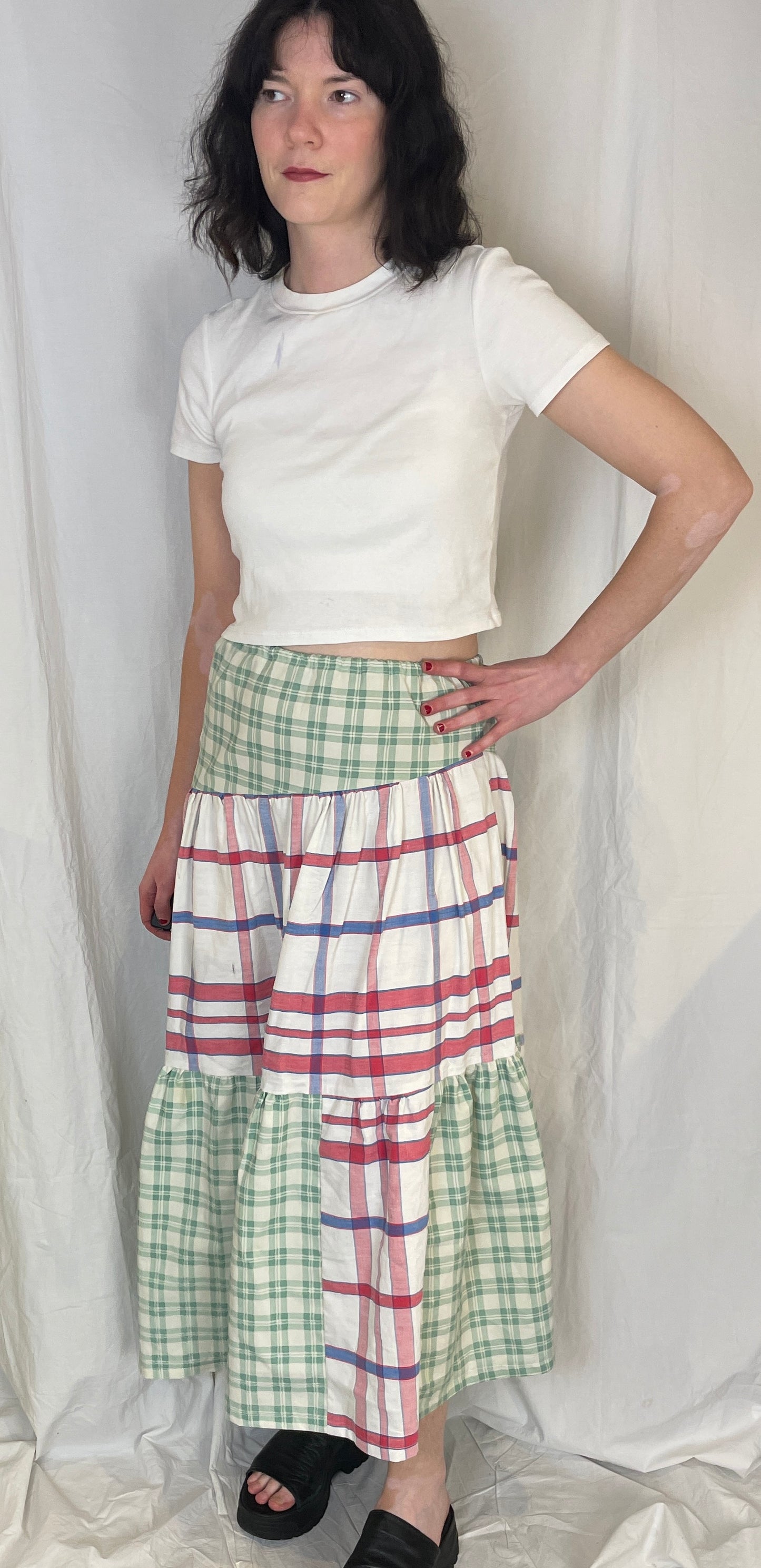 Kelly Handmade Green and Red Checked Patchwork Asymmetric Hem Tiered Maxi Skirt