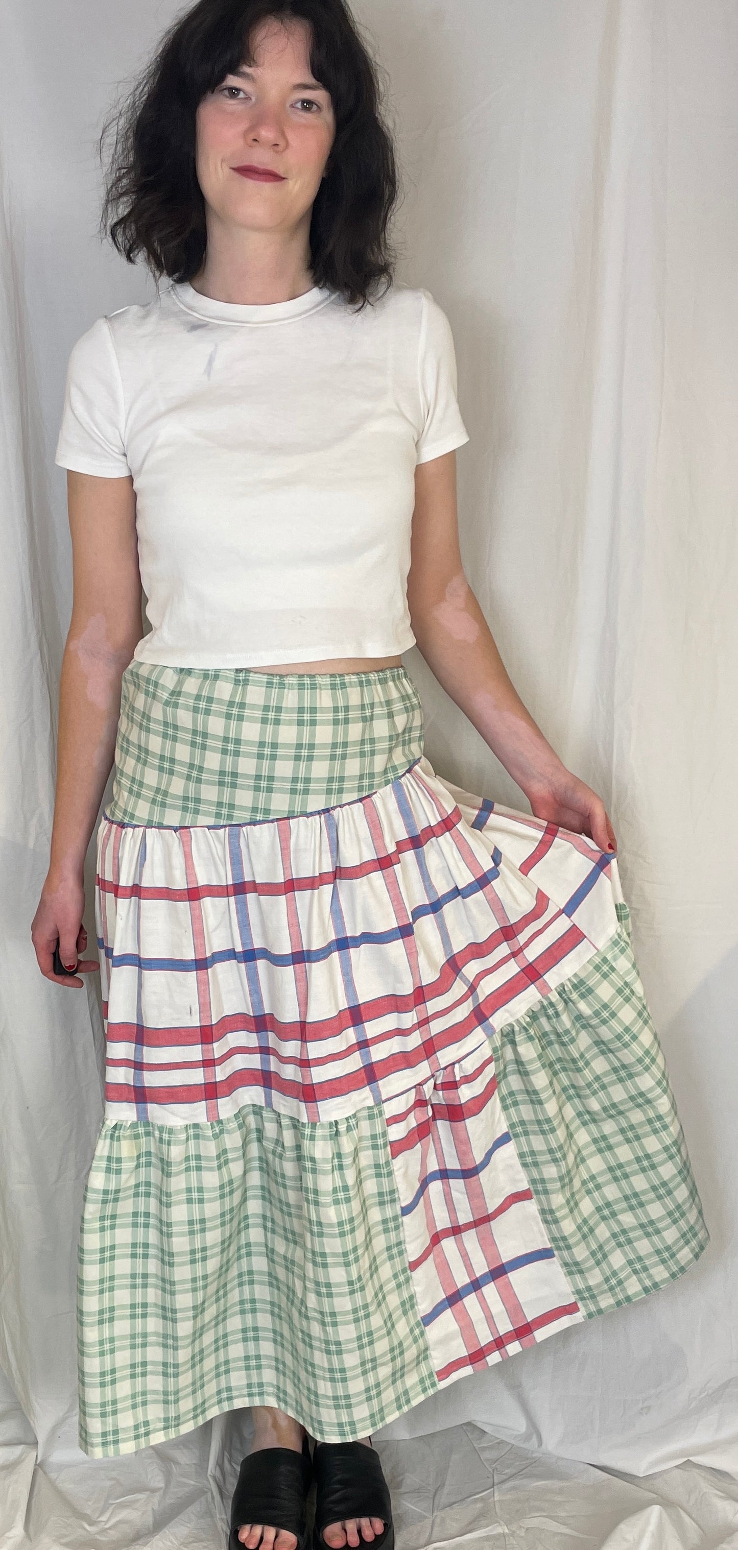 Kelly Handmade Green and Red Checked Patchwork Asymmetric Hem Tiered Maxi Skirt