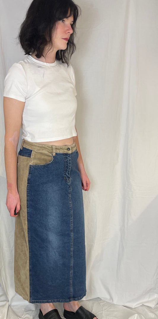 Vintage Y2K Blue Denim and Brown Corduroy Patchwork Maxi Skirt