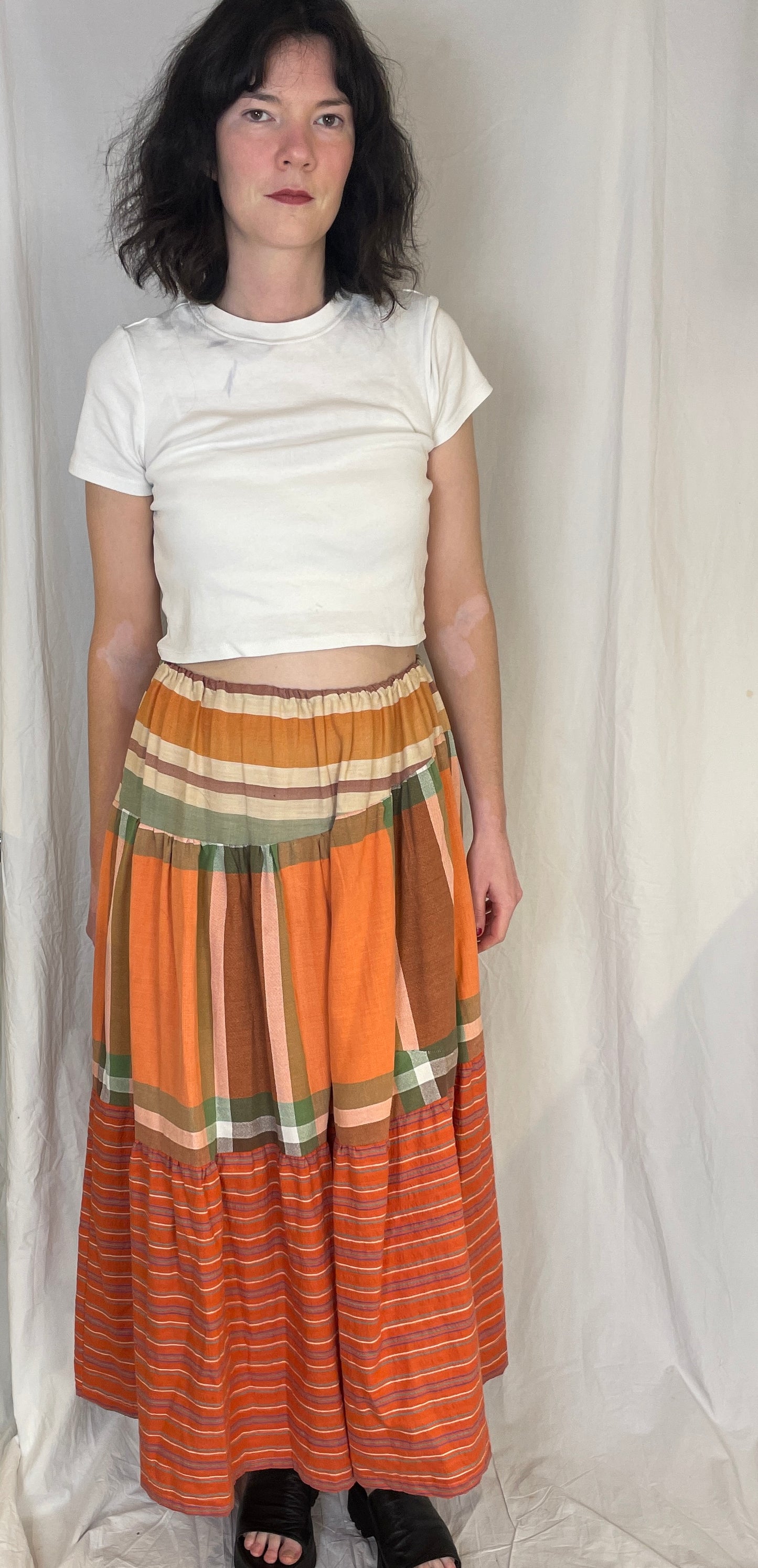 Kelly Handmade Orange Patchwork Asymmetric Hem Tiered Maxi Skirt