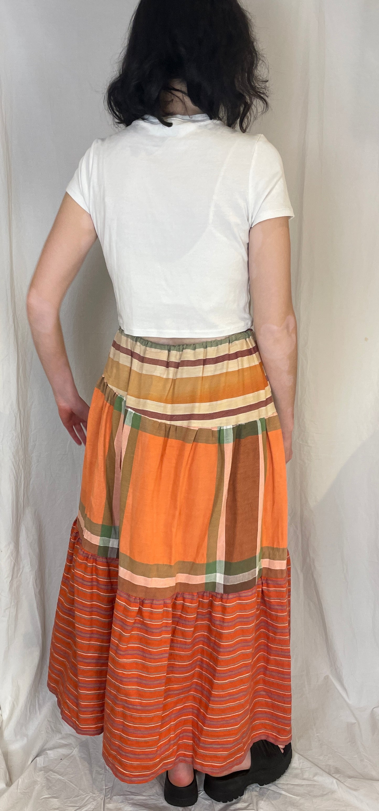 Kelly Handmade Orange Patchwork Asymmetric Hem Tiered Maxi Skirt