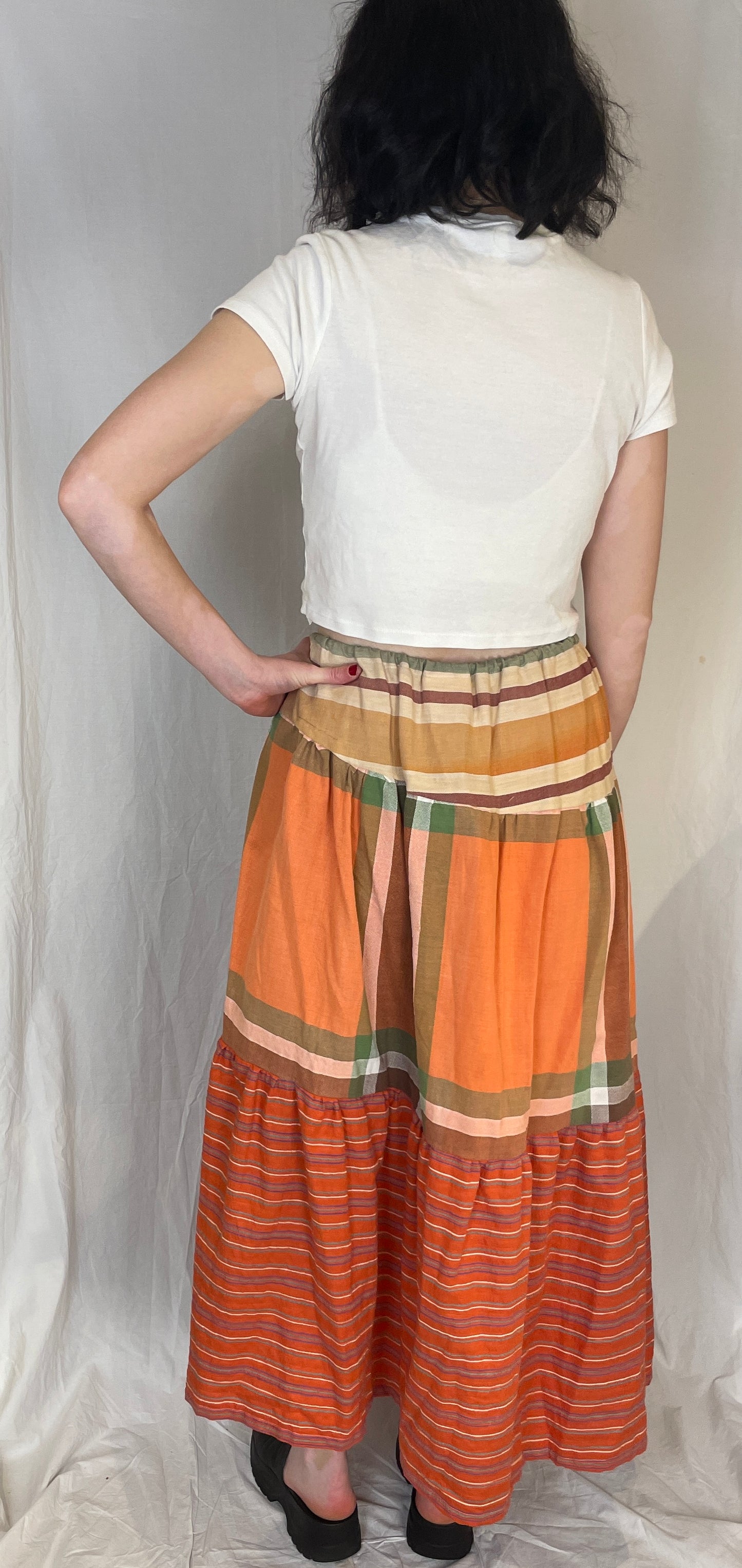 Kelly Handmade Orange Patchwork Asymmetric Hem Tiered Maxi Skirt