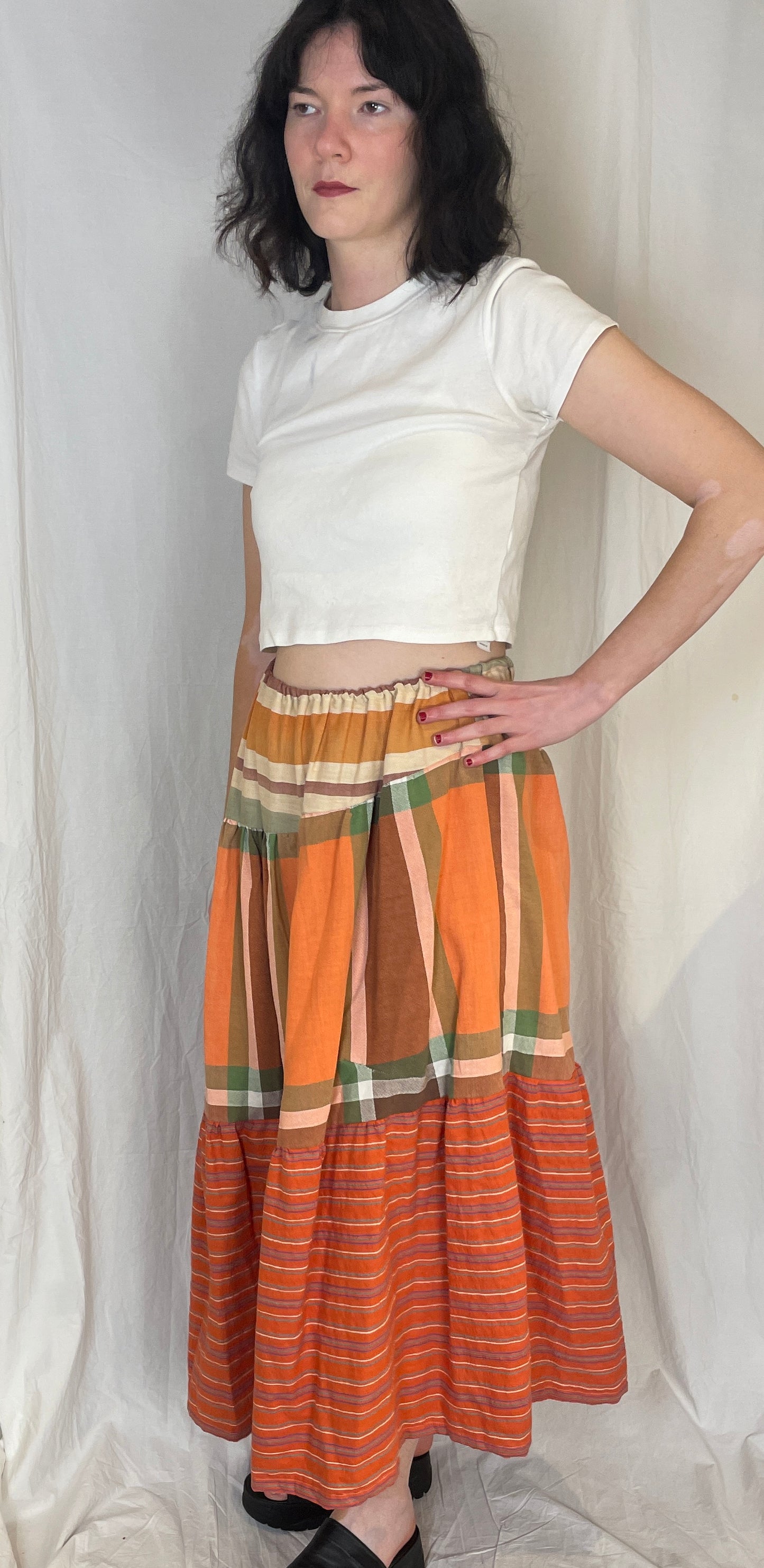 Kelly Handmade Orange Patchwork Asymmetric Hem Tiered Maxi Skirt