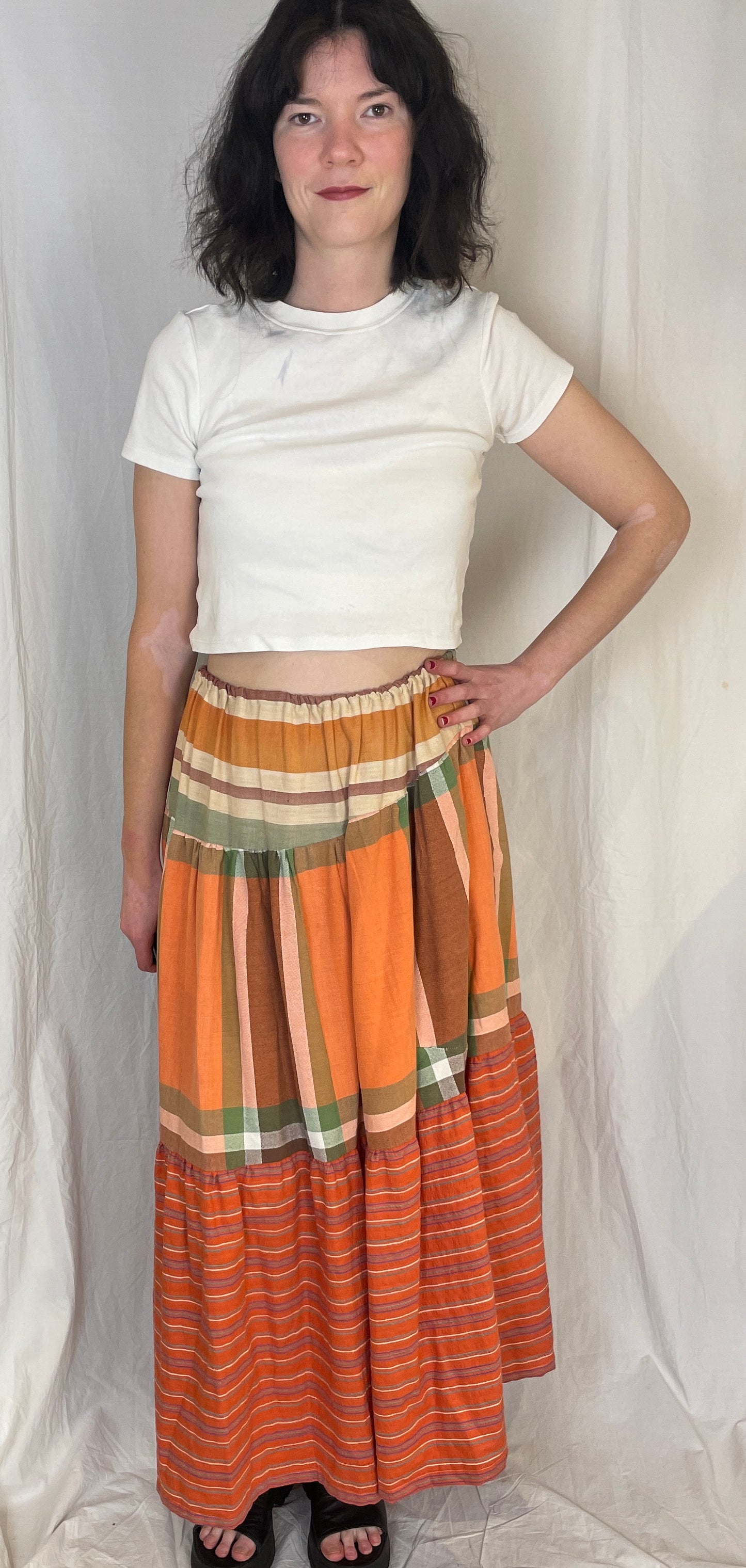 Kelly Handmade Orange Patchwork Asymmetric Hem Tiered Maxi Skirt