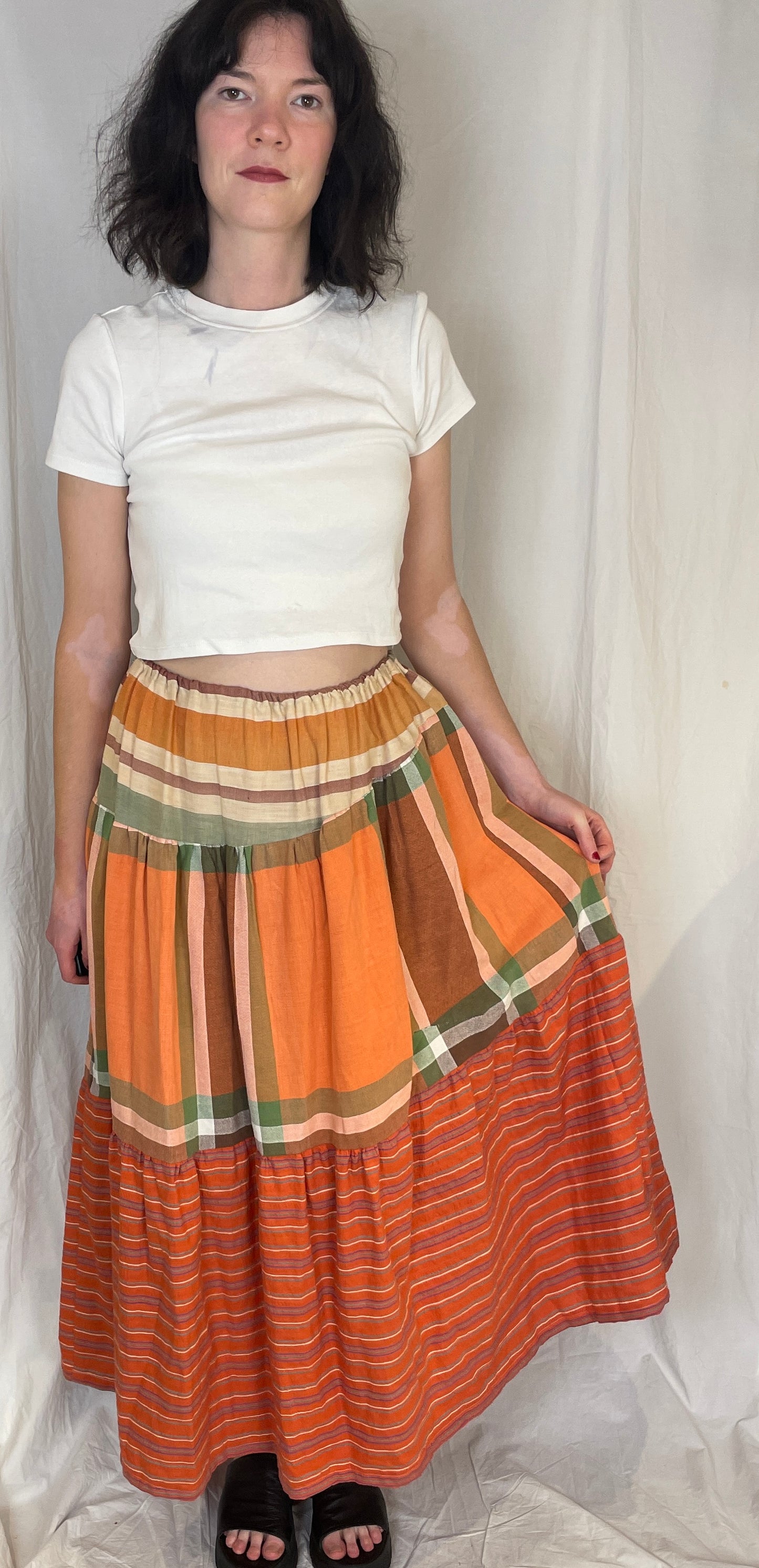 Kelly Handmade Orange Patchwork Asymmetric Hem Tiered Maxi Skirt