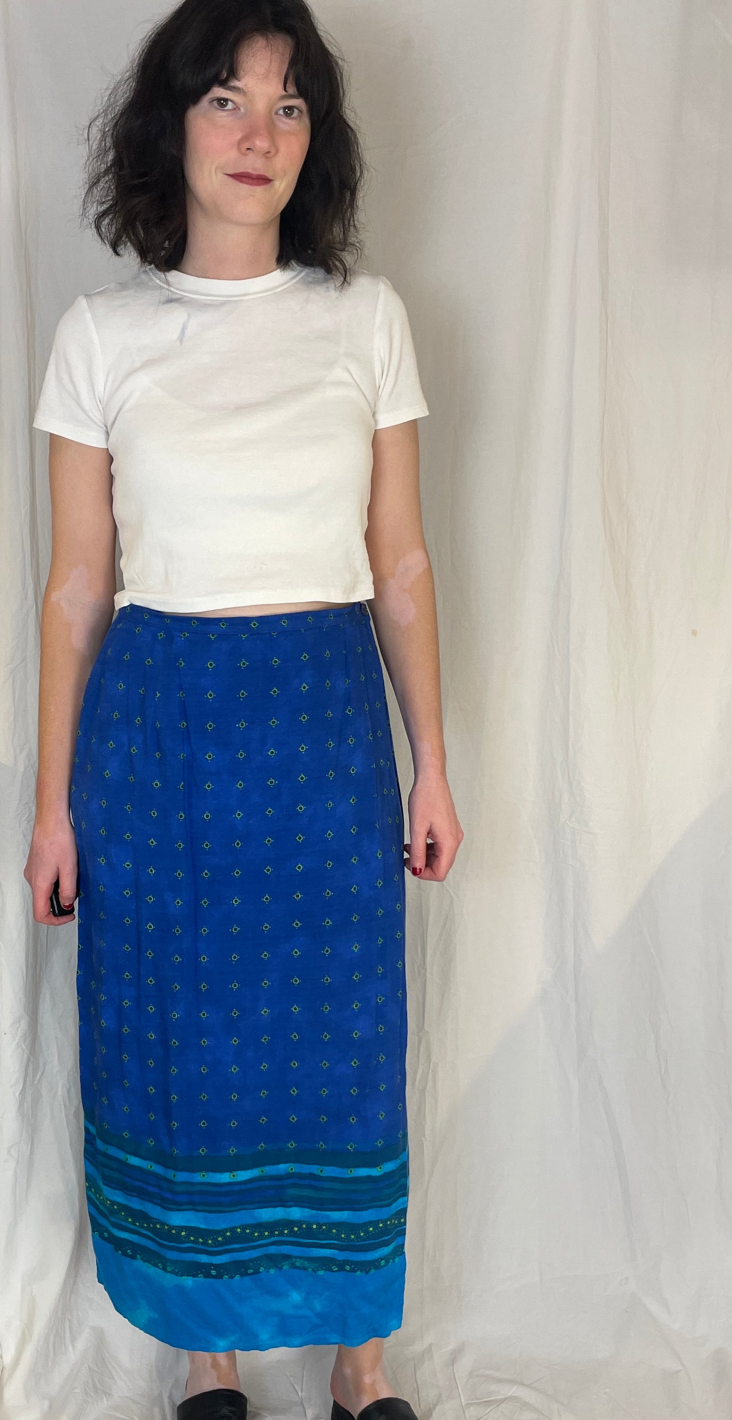 Vintage 90s Blue Printed Maxi Wrap Skirt - scrappingell