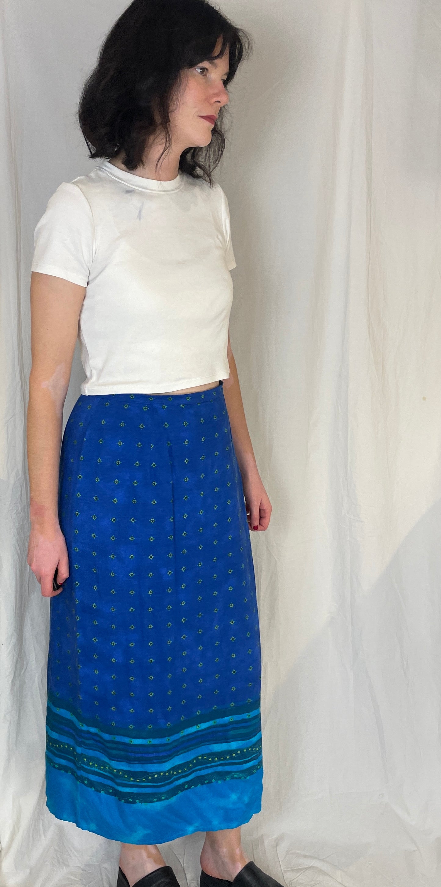 Vintage 90s Blue Printed Maxi Wrap Skirt - scrappingell
