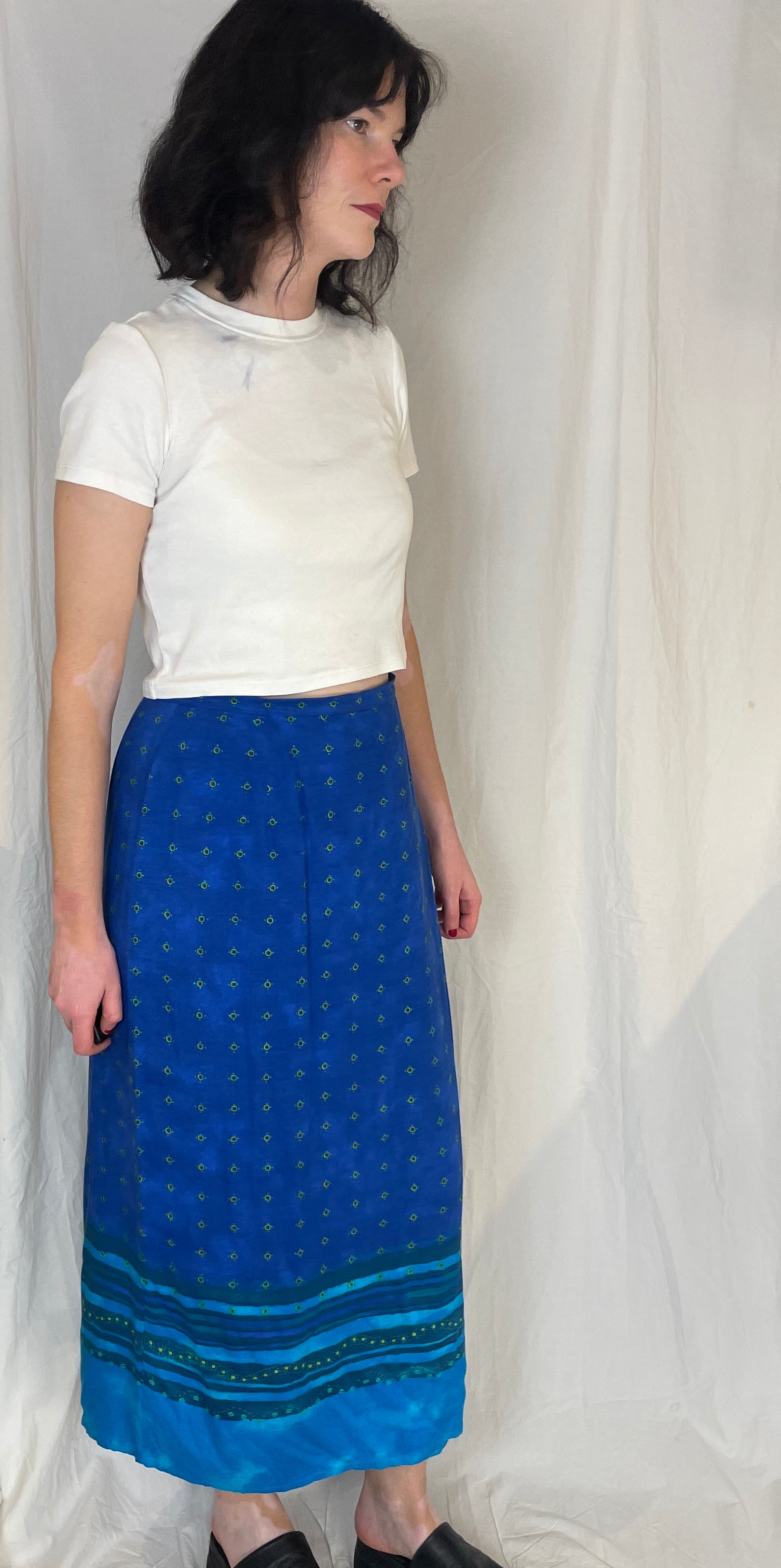 Vintage 90s Blue Printed Maxi Wrap Skirt - scrappingell