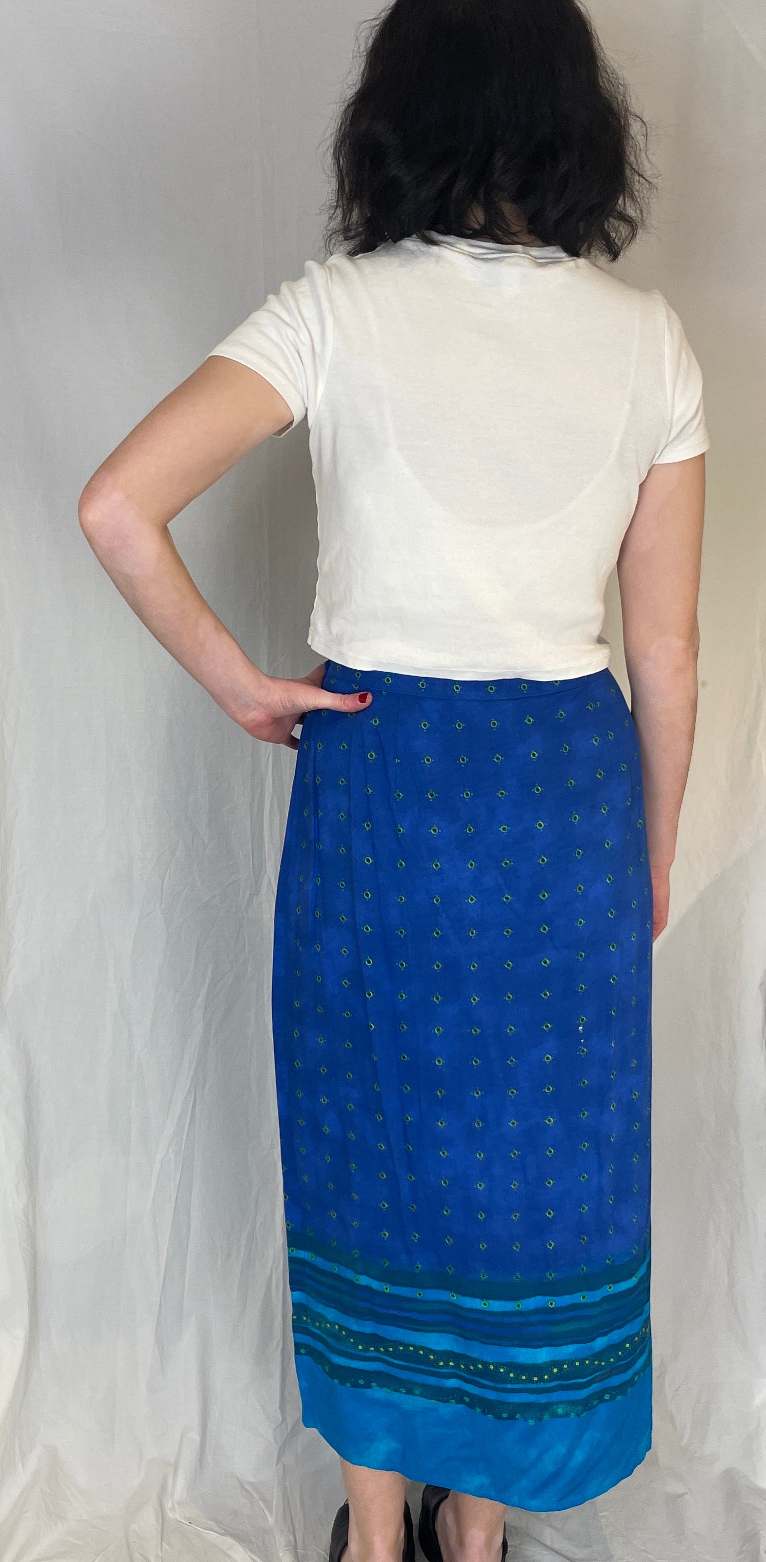 Vintage 90s Blue Printed Maxi Wrap Skirt - scrappingell