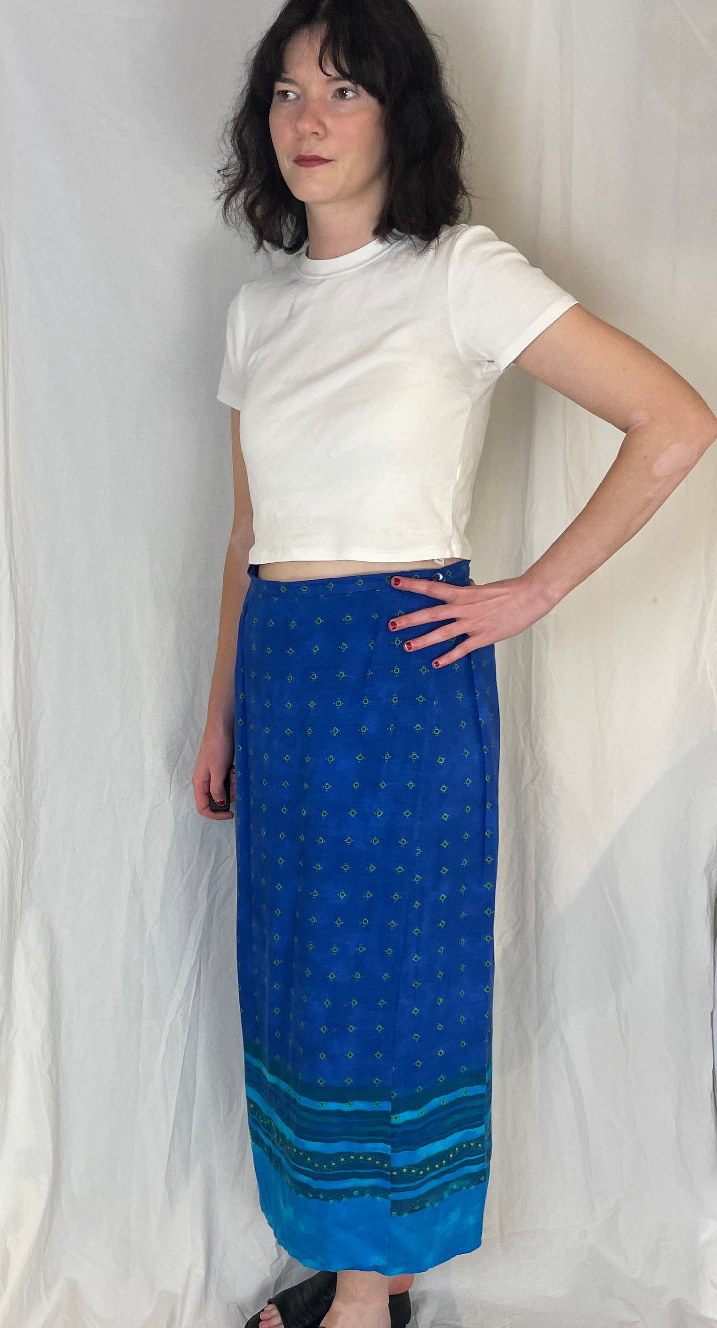Vintage 90s Blue Printed Maxi Wrap Skirt - scrappingell