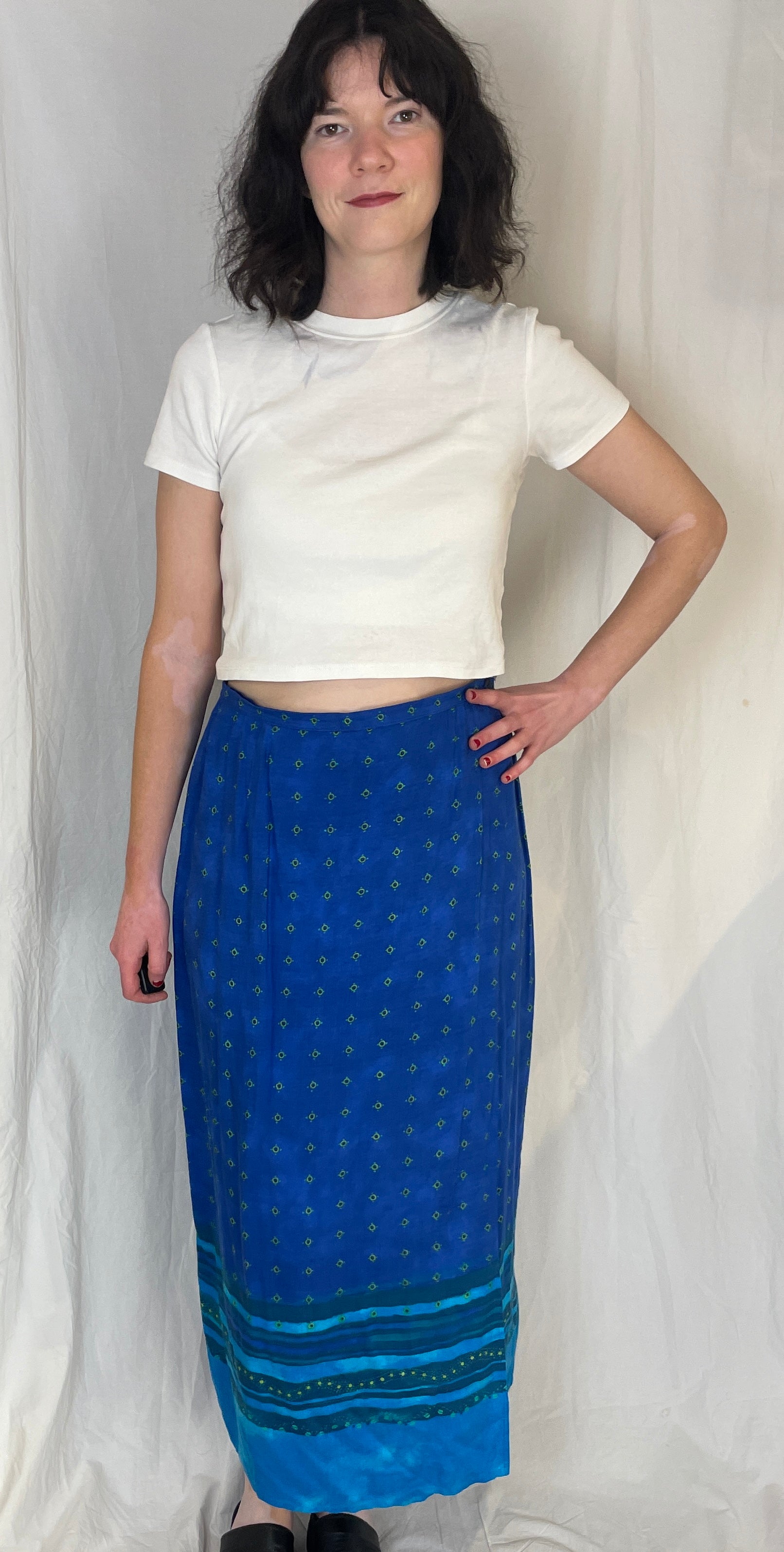 Vintage 90s Blue Printed Maxi Wrap Skirt - scrappingell