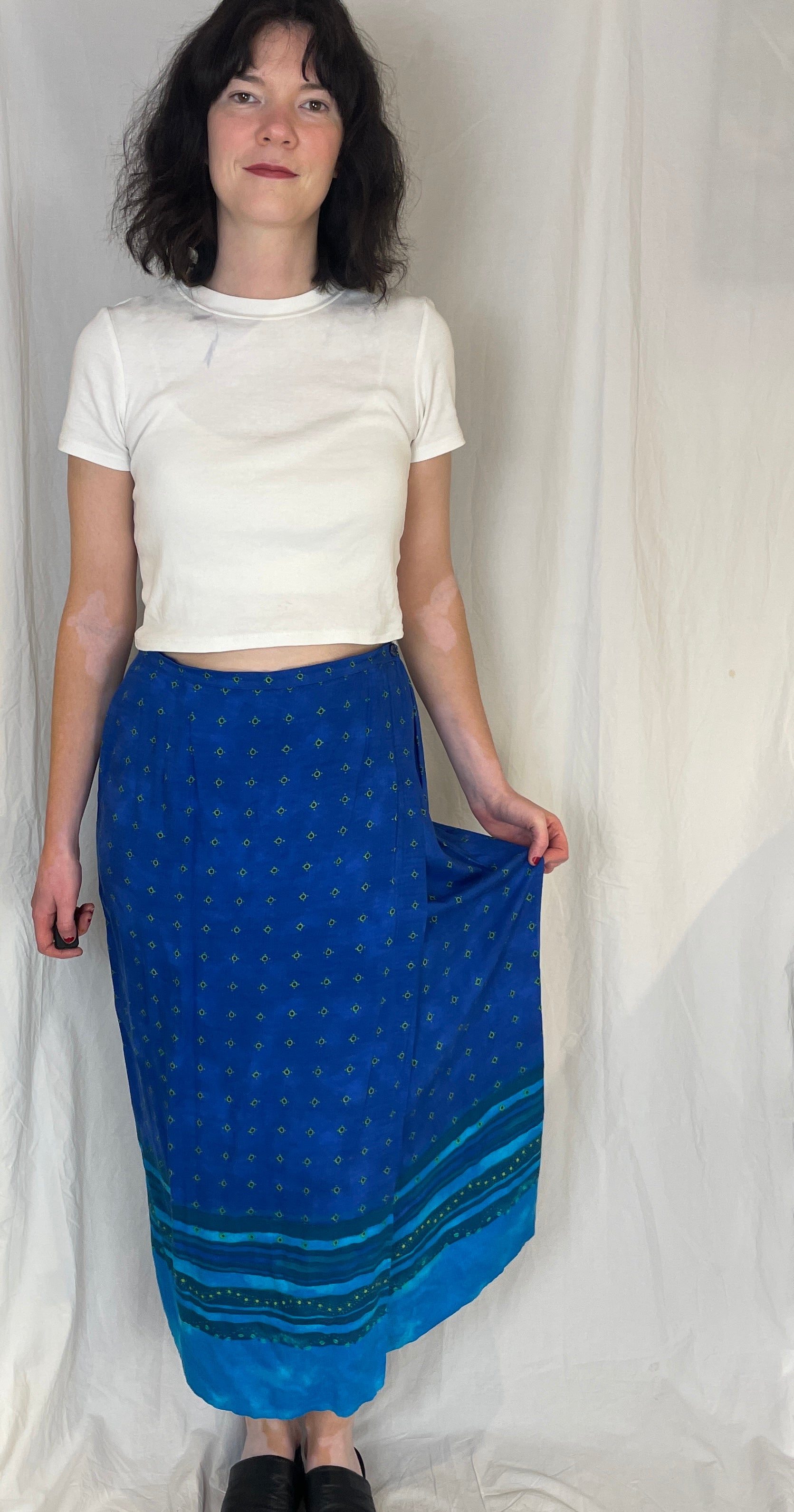 Vintage 90s Blue Printed Maxi Wrap Skirt - scrappingell