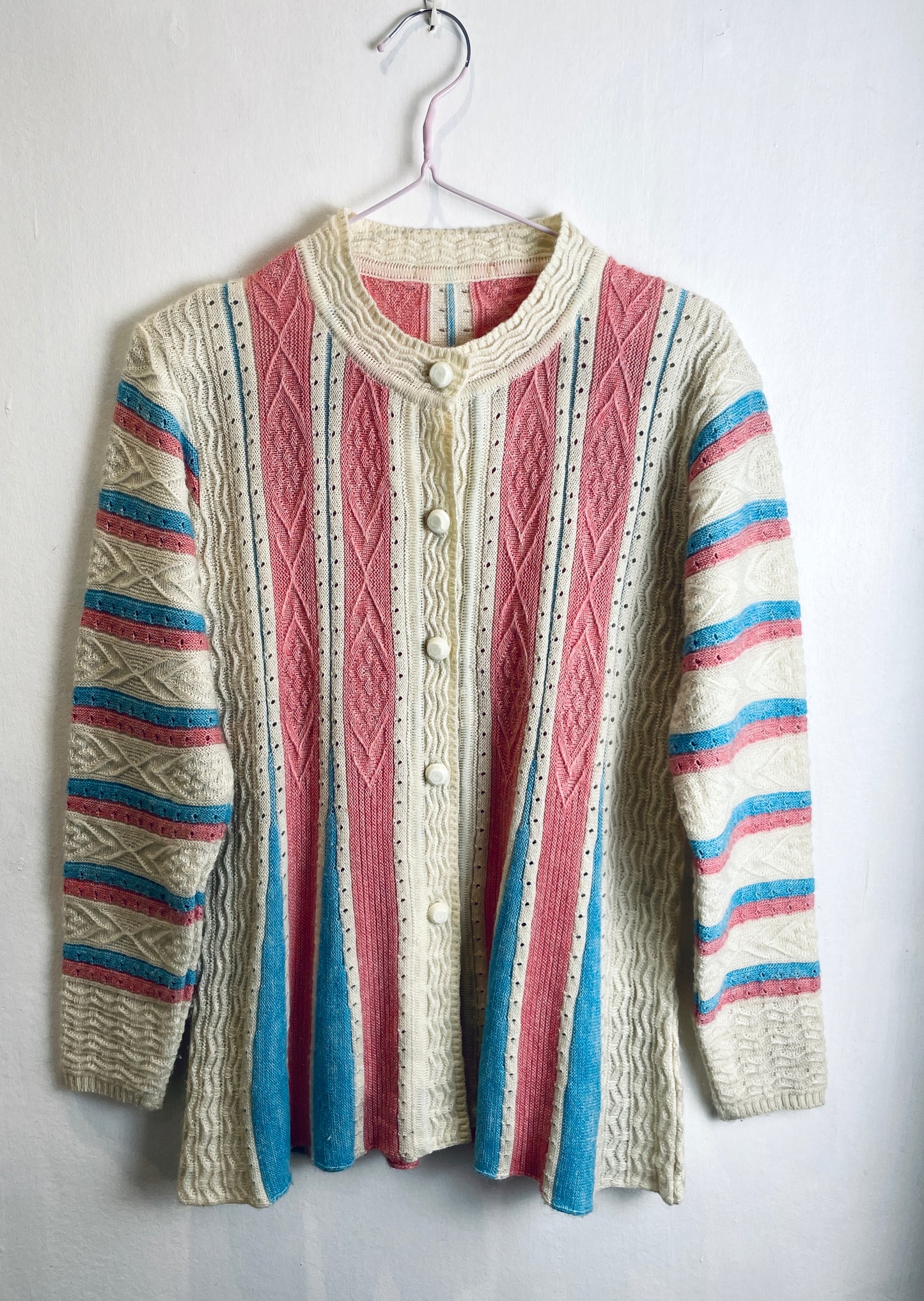 Vintage 90s Pink and Blue Striped Knitted Cardigan - Up to Size 10