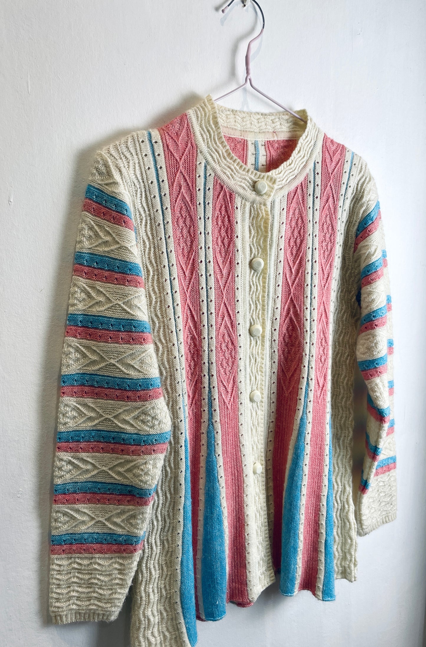 Vintage 90s Pink and Blue Striped Knitted Cardigan - Up to Size 10