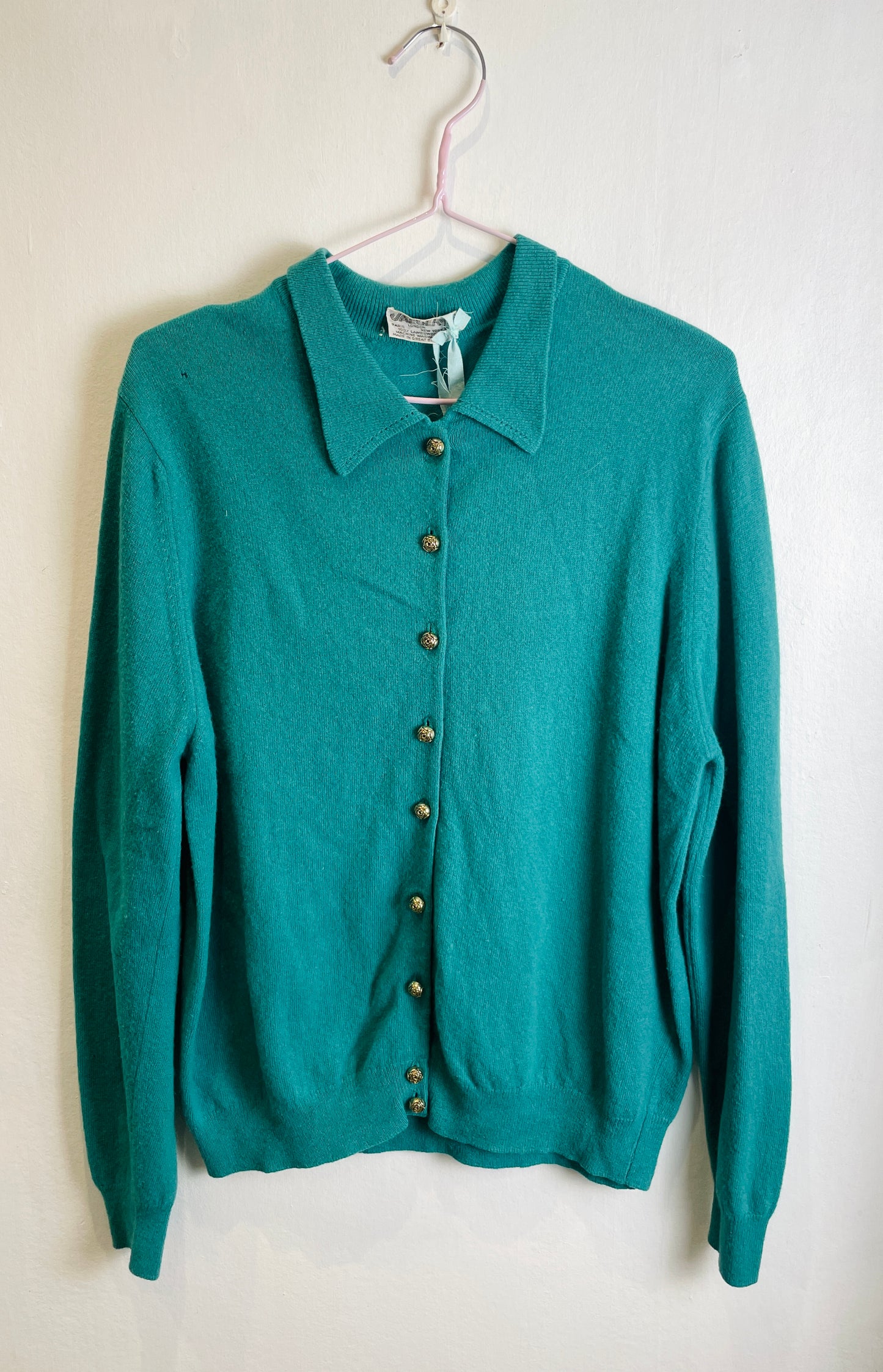 Vintage 80s Green Collared Lambswool Cardigan - Up To Size 12