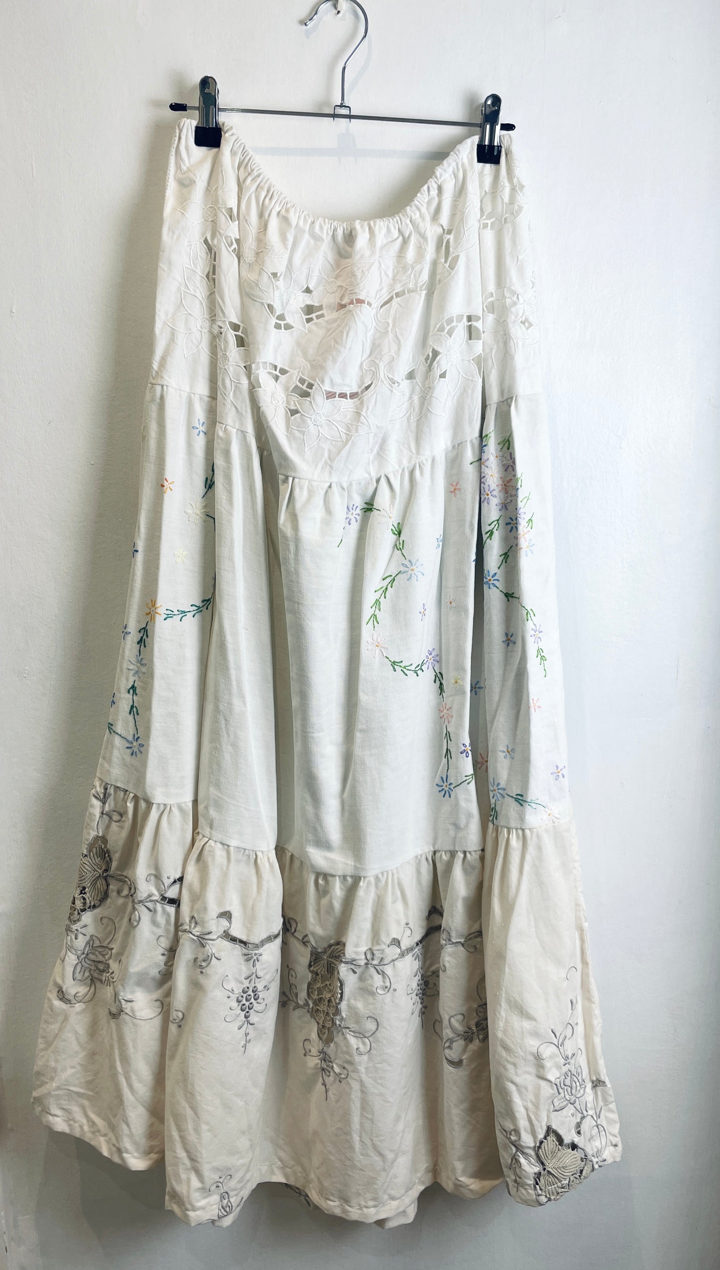 Kelly Handmade White Embroidered Linen Tiered Maxi Skirt - Size 12