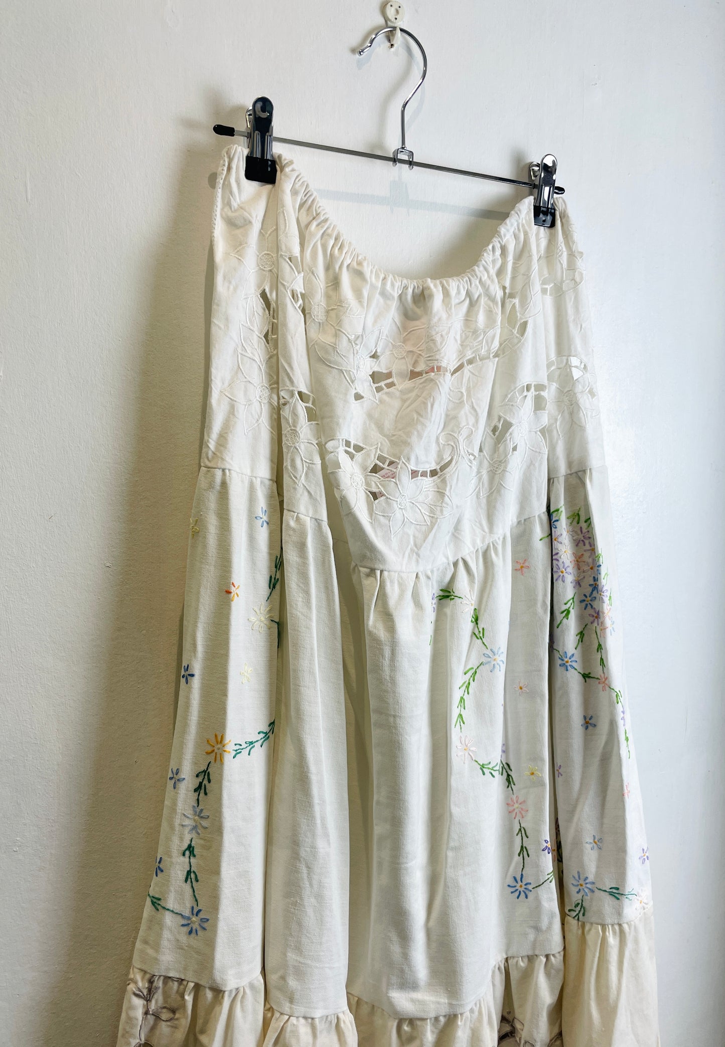 Kelly Handmade White Embroidered Linen Tiered Maxi Skirt - Size 12