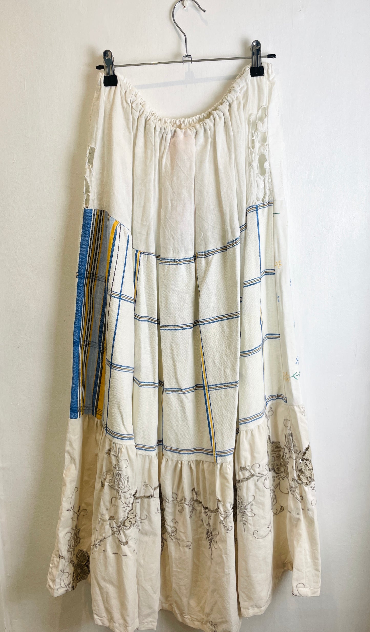 Kelly Handmade White Embroidered Linen Tiered Maxi Skirt - Size 12
