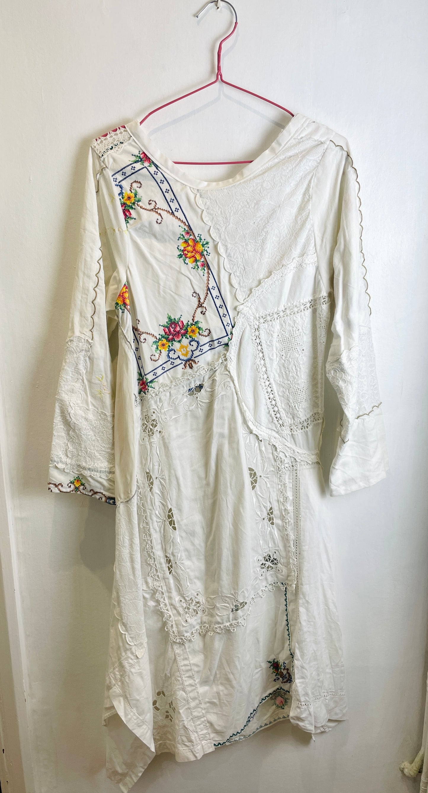 Anna Handmade White Linen Floral Embroidered Patchwork Asymmetric Hem Dress - Up To Size 10