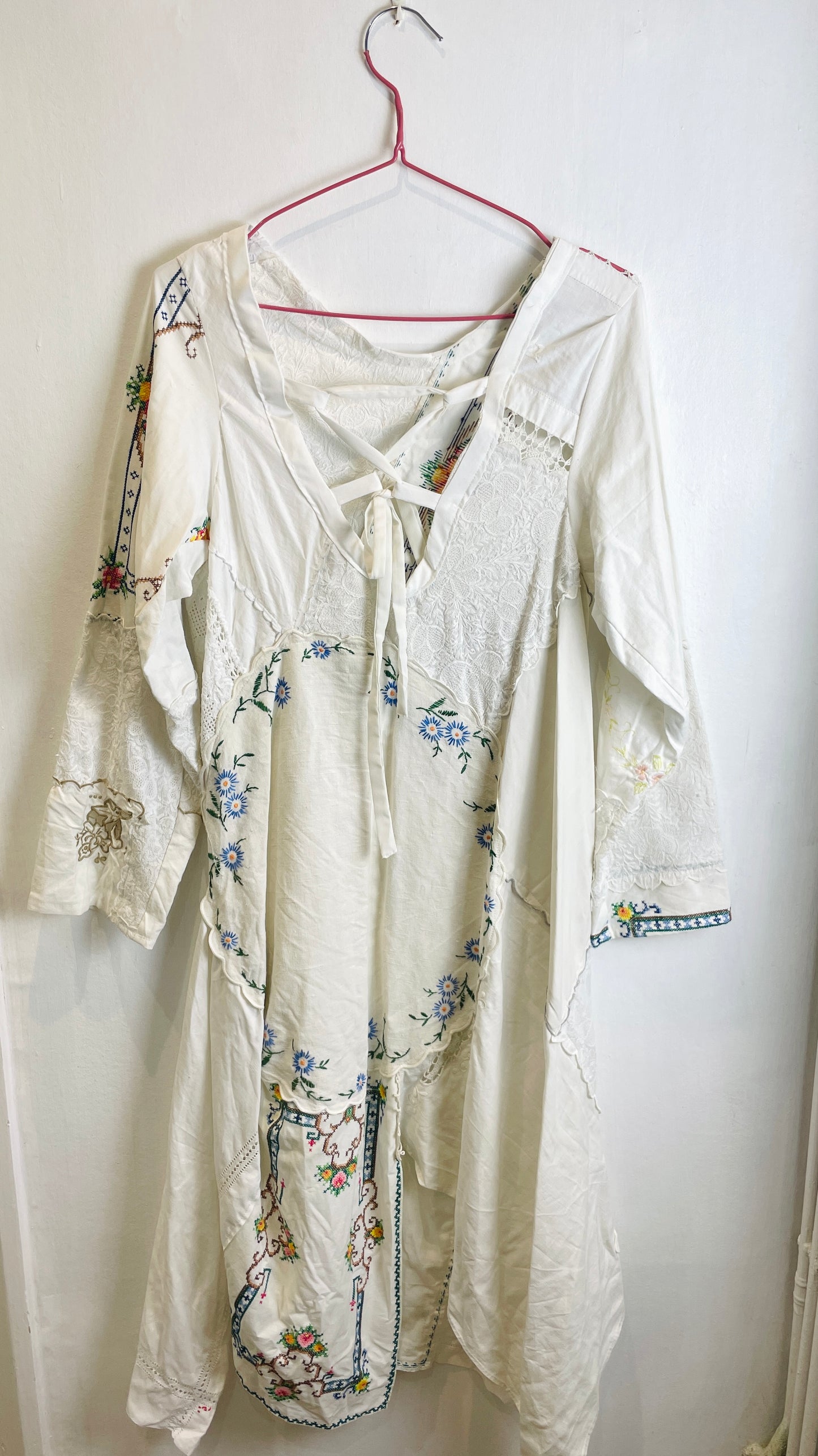 Anna Handmade White Linen Floral Embroidered Patchwork Asymmetric Hem Dress - Up To Size 10