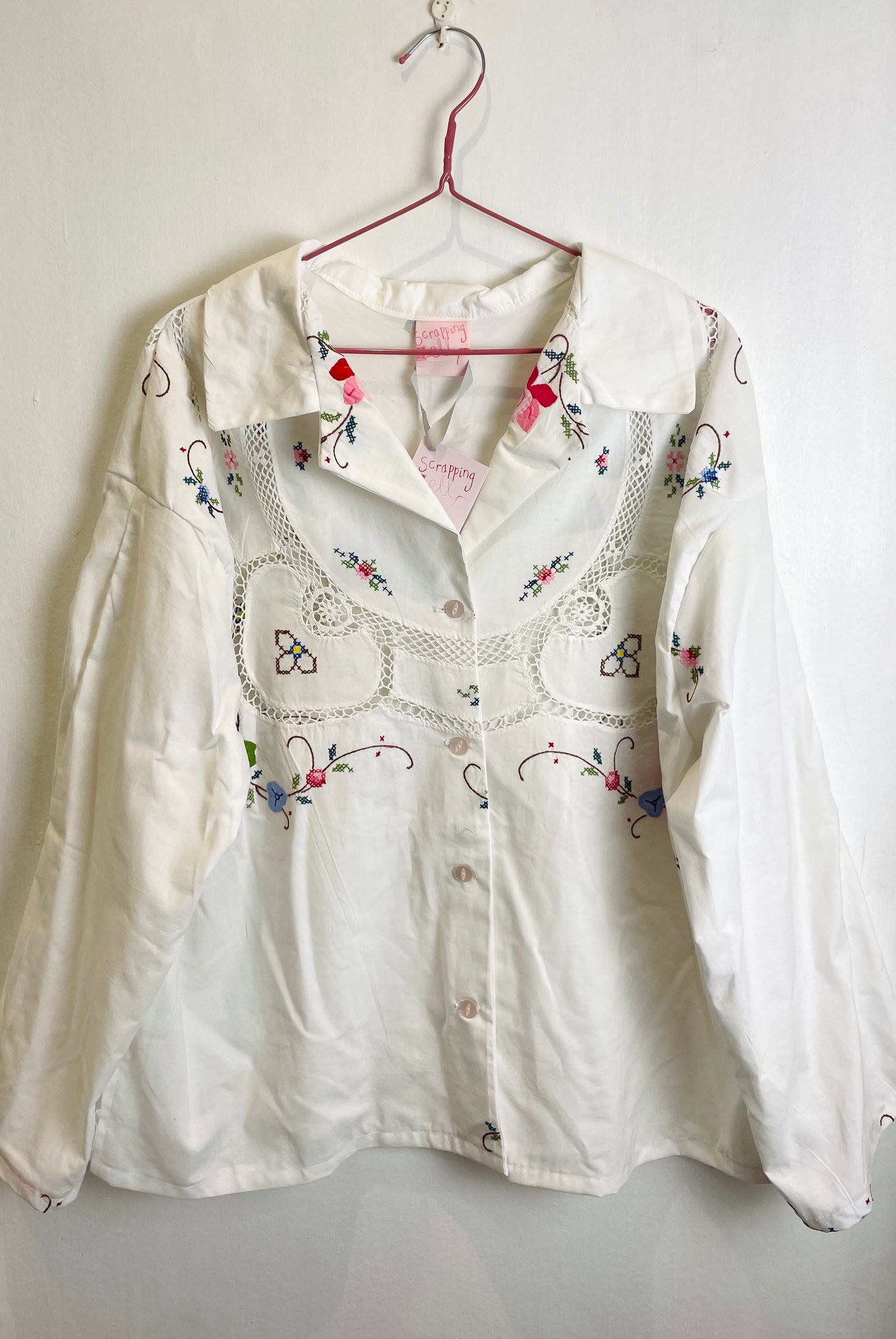 Darcy Handmade White Linen Pink Embroidered Shirt with Revere Collar - Up To Size 16