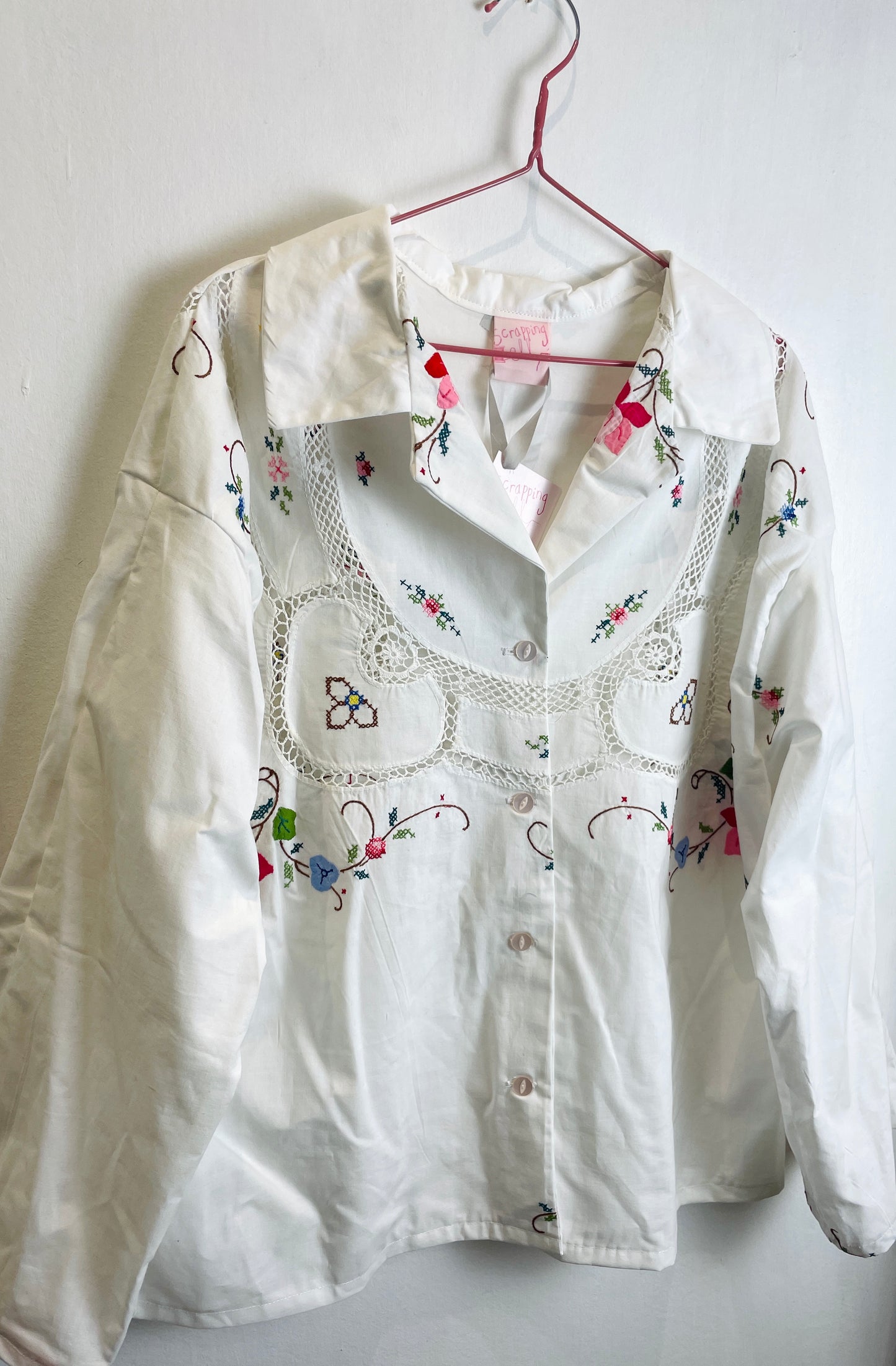 Darcy Handmade White Linen Pink Embroidered Shirt with Revere Collar - Up To Size 16
