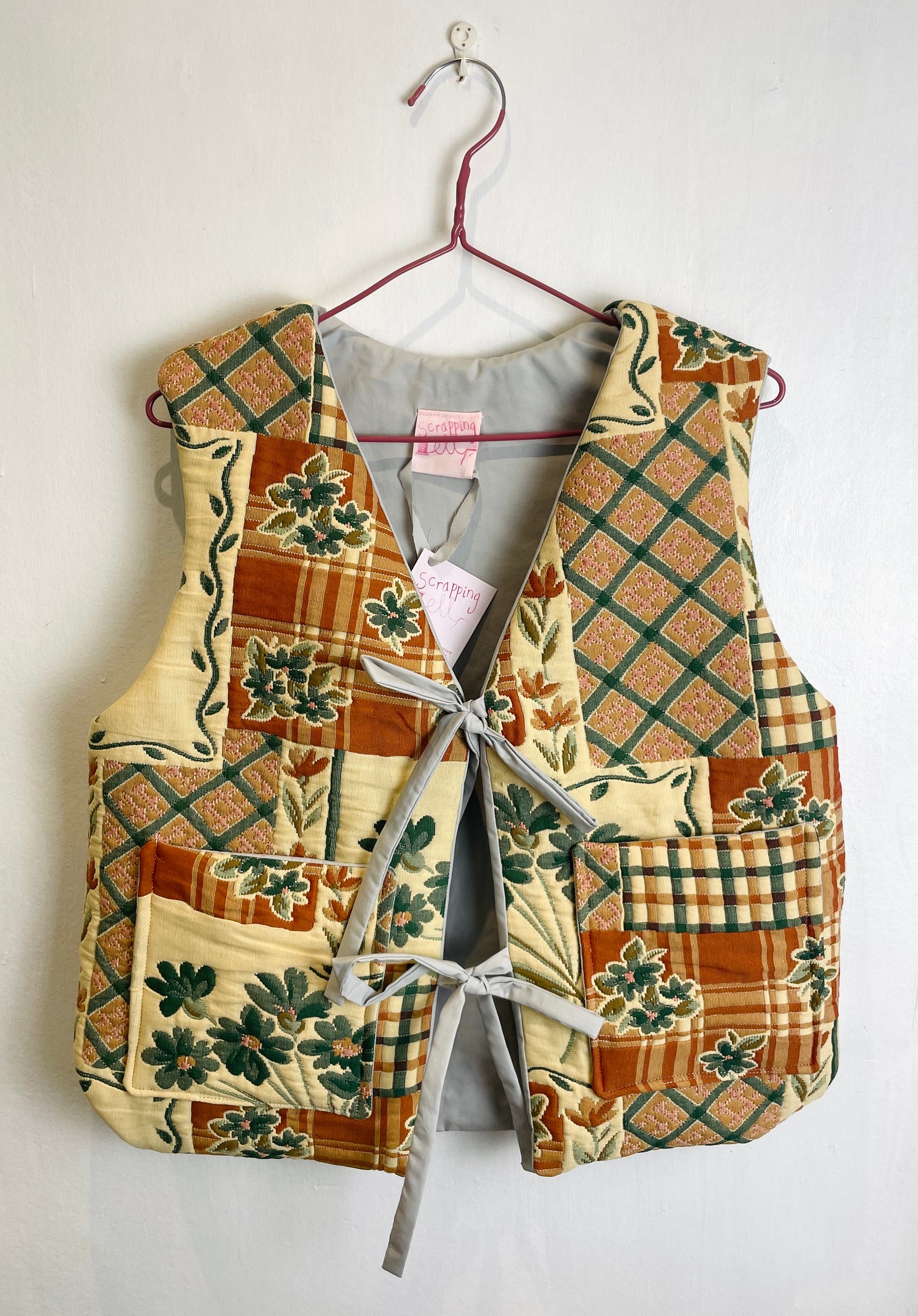 Zoe Handmade Orange Floral Tie Front Quilted Vest Gilet - Up To Size 12