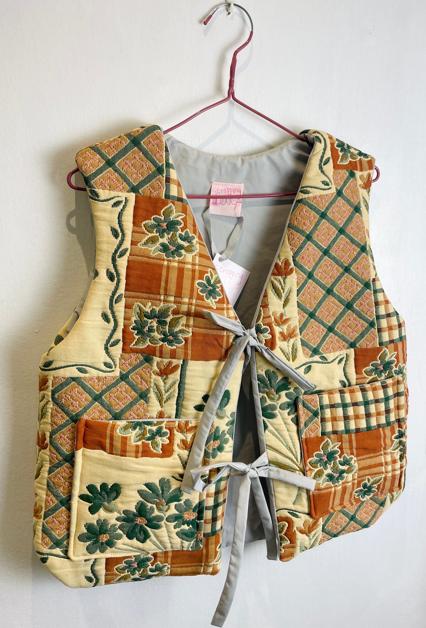 Zoe Handmade Orange Floral Tie Front Quilted Vest Gilet - Up To Size 12