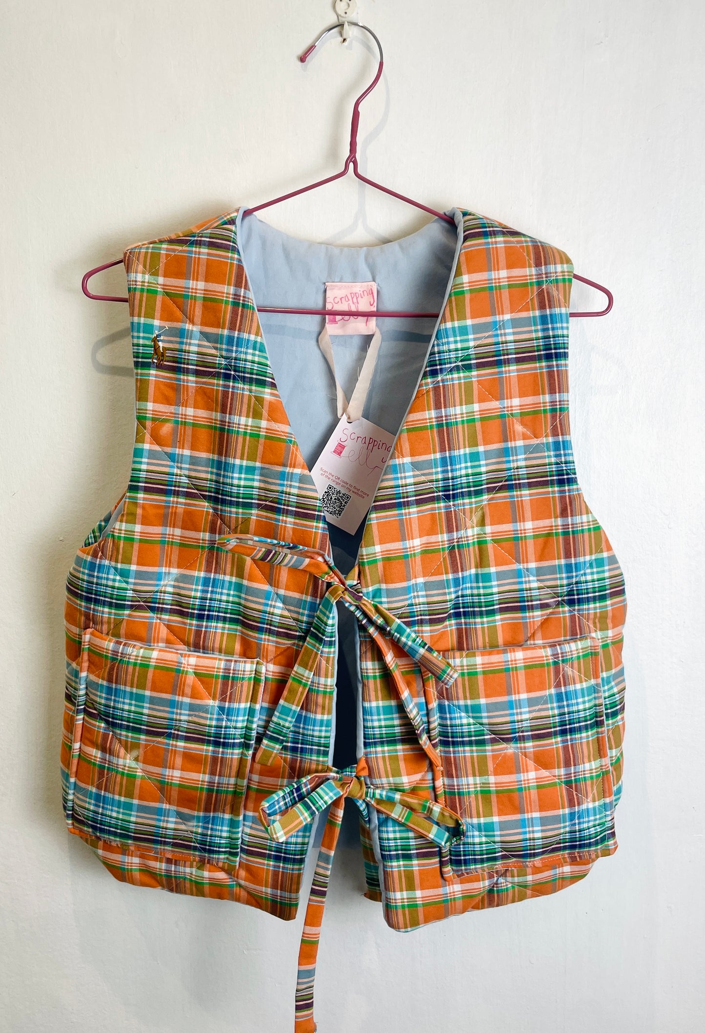 Zoe Handmade Orange and Blue Checked Tie Front Quilted Vest Gilet - Up To Size 10