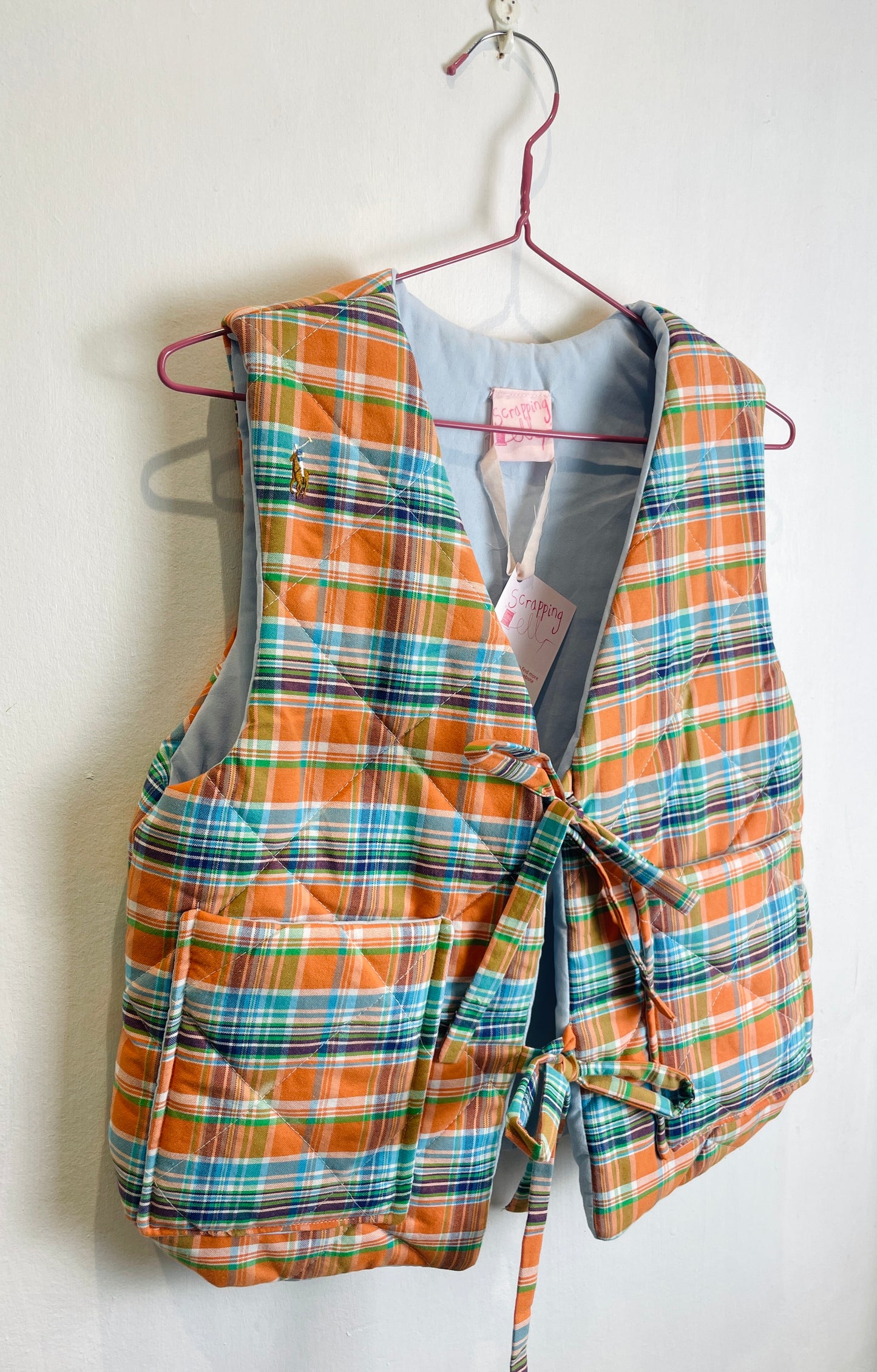 Zoe Handmade Orange and Blue Checked Tie Front Quilted Vest Gilet - Up To Size 10