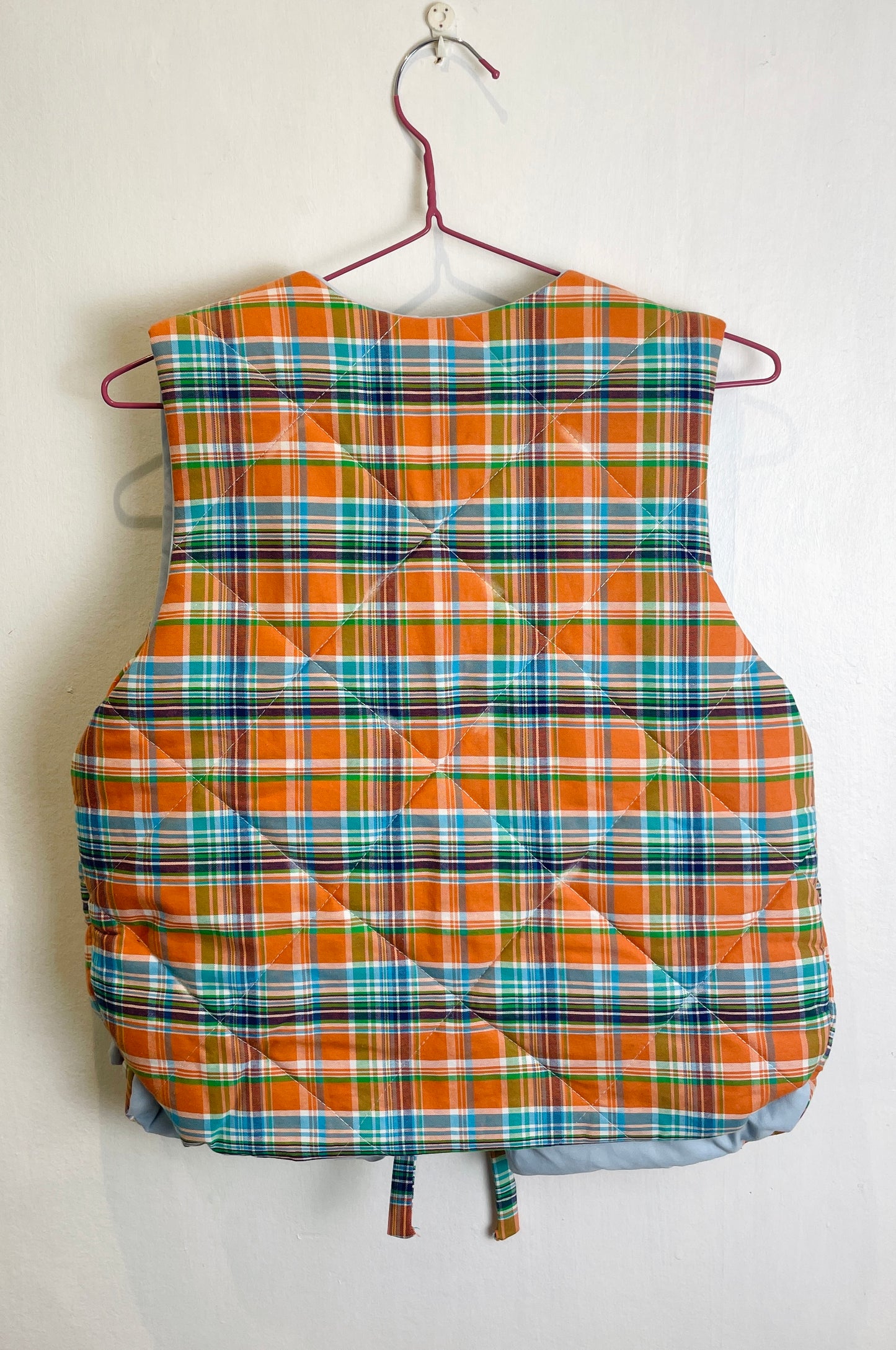 Zoe Handmade Orange and Blue Checked Tie Front Quilted Vest Gilet - Up To Size 10