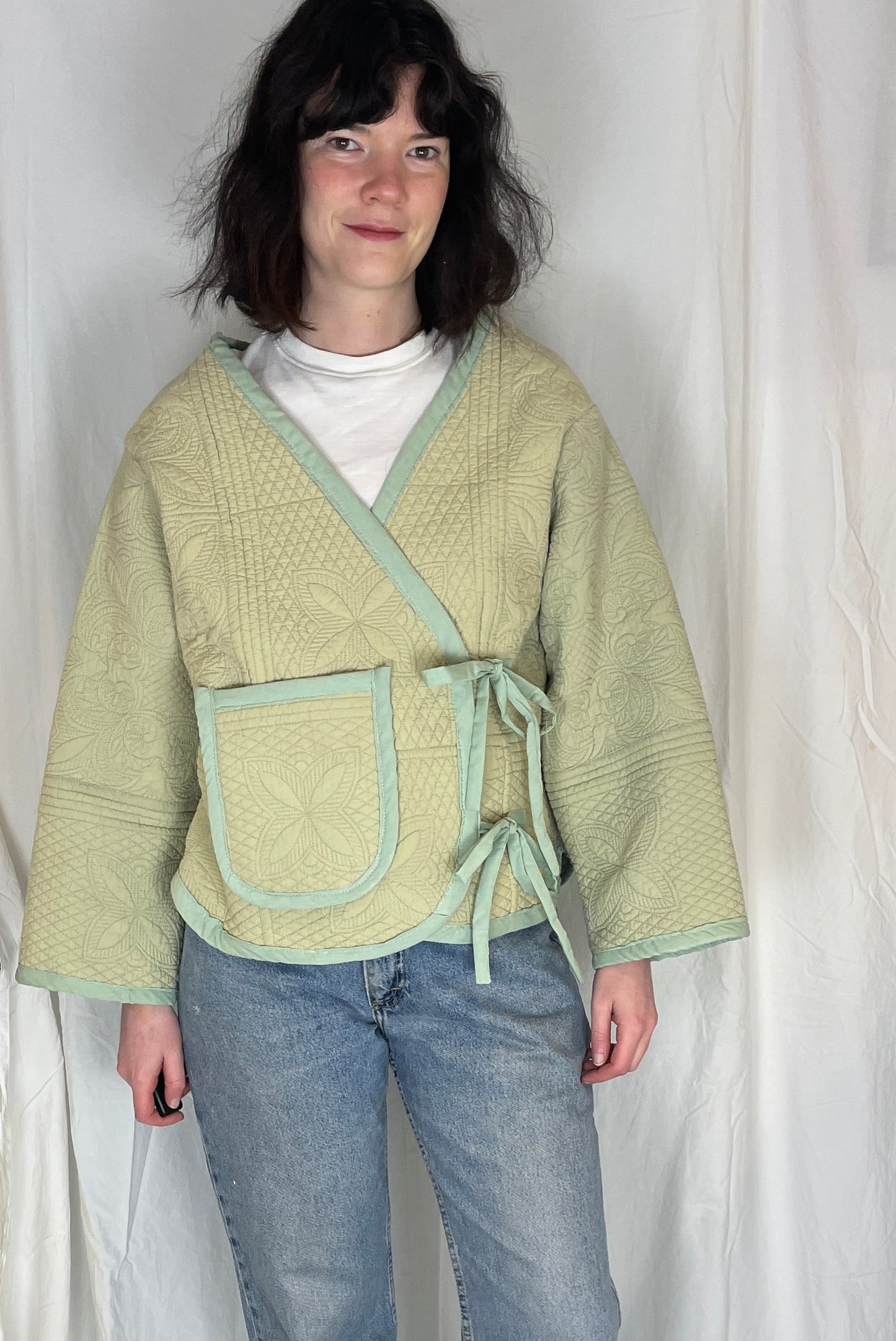 Zoe Handmade Green Floral Textured Quilted Wrap Jacket - Up To Size 14