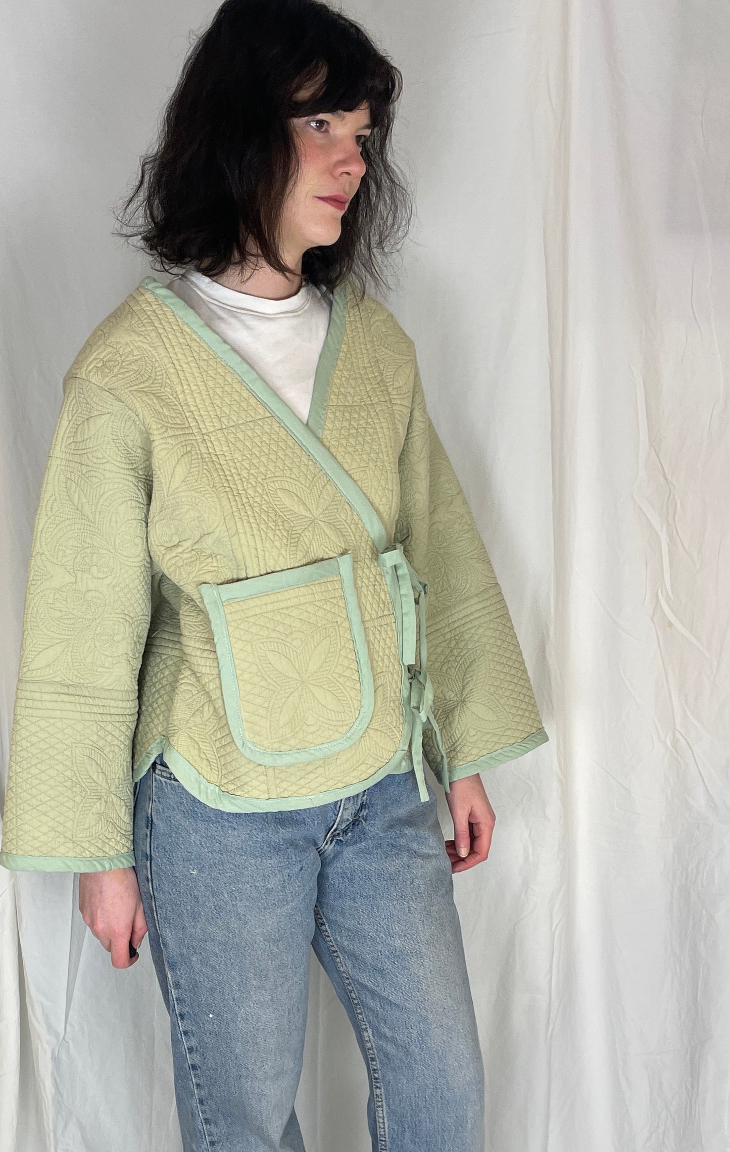 Zoe Handmade Green Floral Textured Quilted Wrap Jacket - Up To Size 14