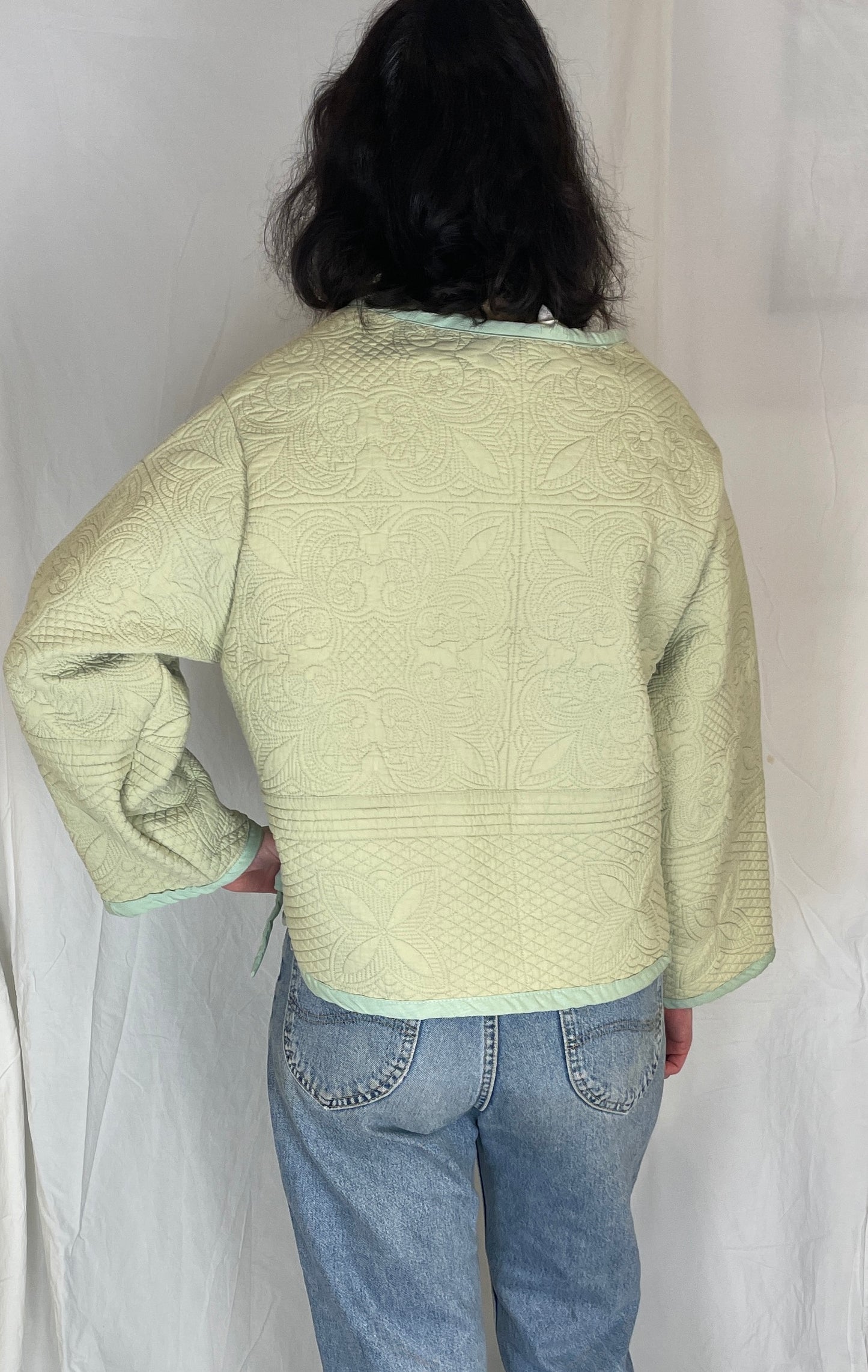 Zoe Handmade Green Floral Textured Quilted Wrap Jacket - Up To Size 14