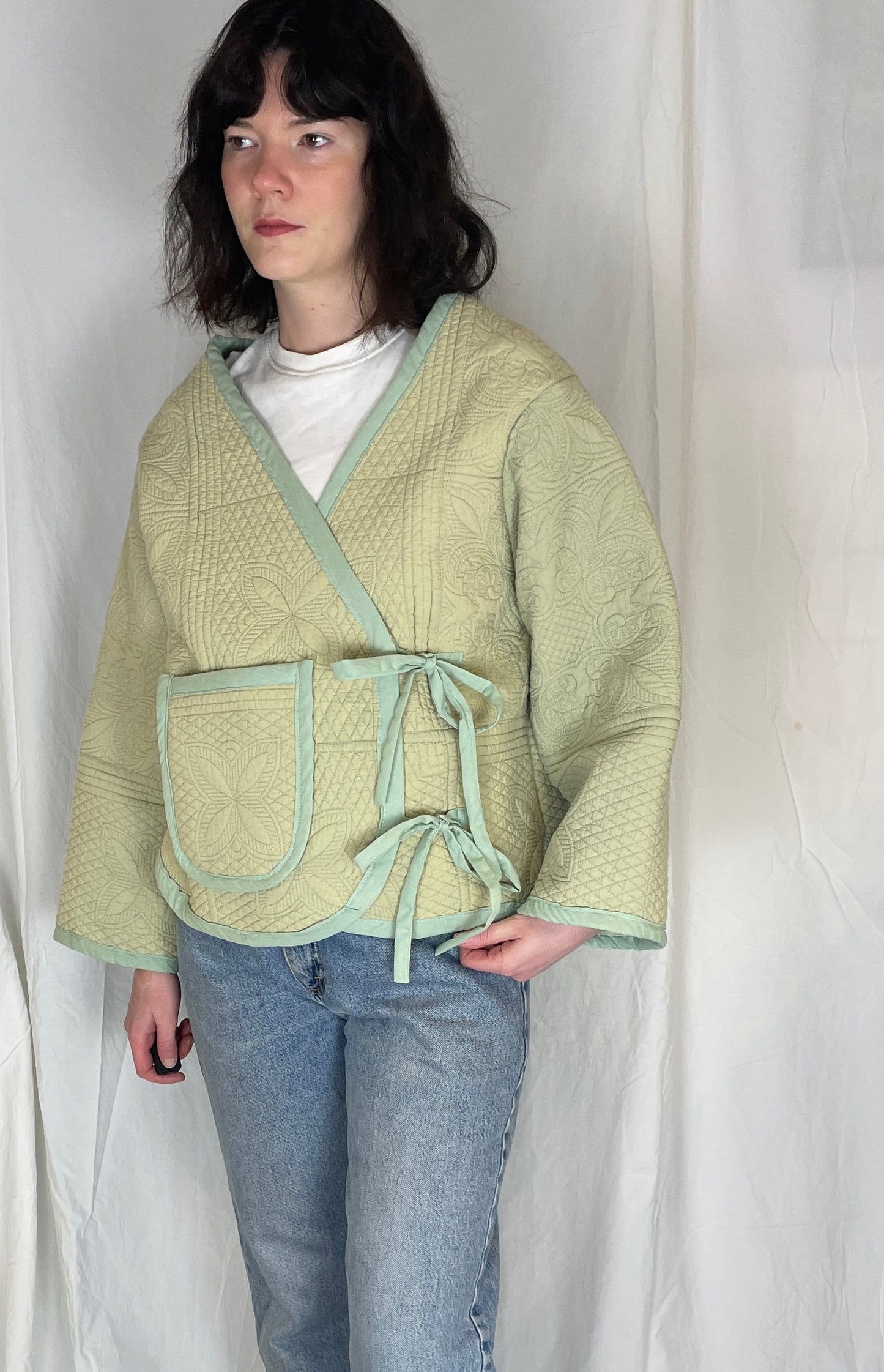 Zoe Handmade Green Floral Textured Quilted Wrap Jacket - Up To Size 14