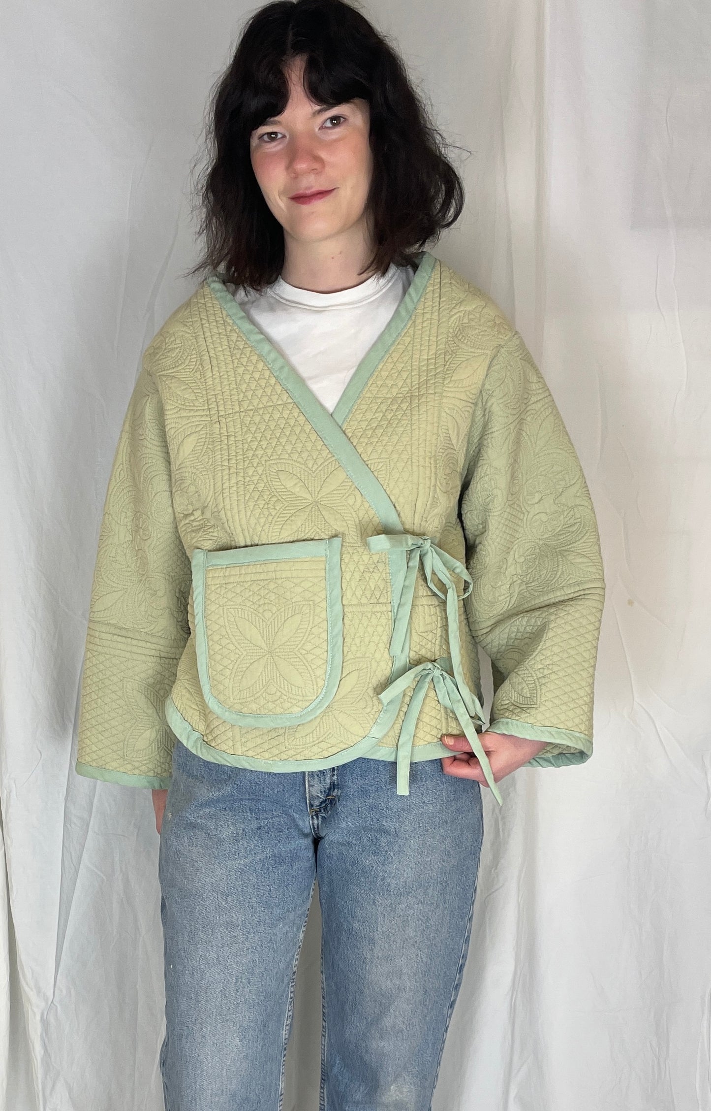 Zoe Handmade Green Floral Textured Quilted Wrap Jacket - Up To Size 14