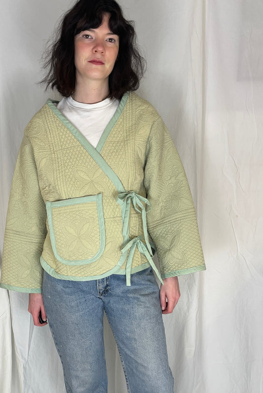 Zoe Handmade Green Floral Textured Quilted Wrap Jacket - Up To Size 14