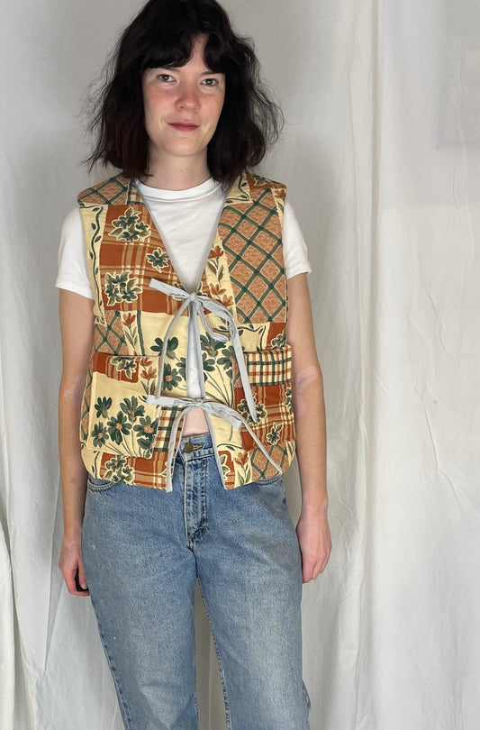 Zoe Handmade Orange Floral Tie Front Quilted Vest Gilet - Up To Size 12