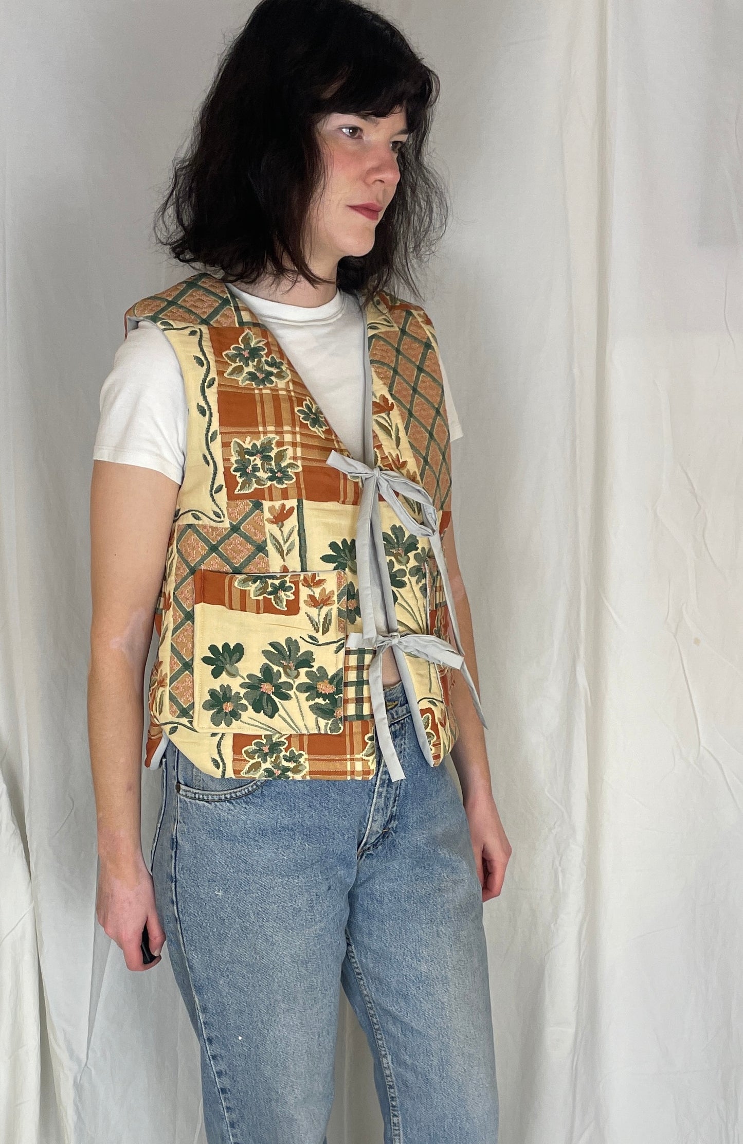 Zoe Handmade Orange Floral Tie Front Quilted Vest Gilet - Up To Size 12