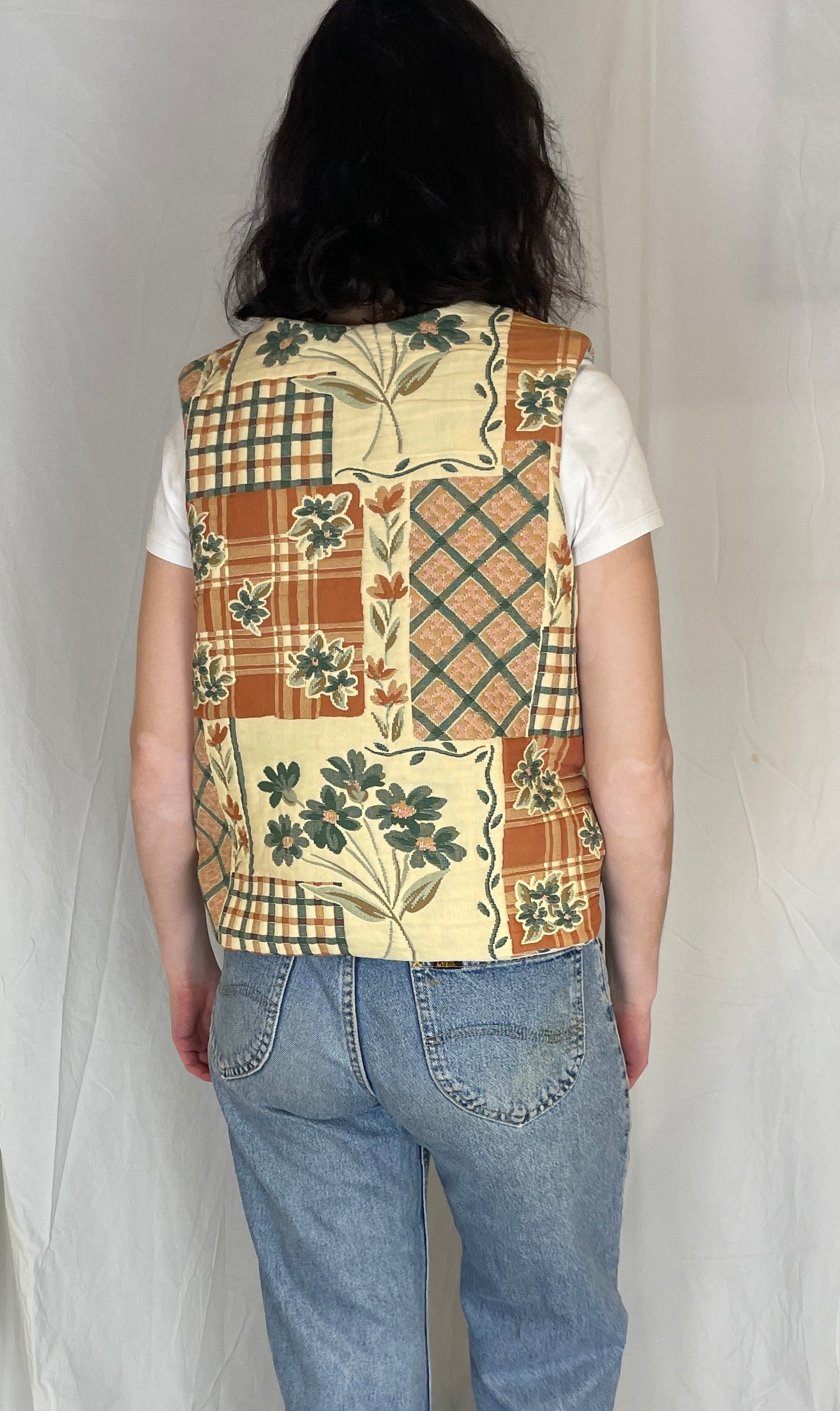 Zoe Handmade Orange Floral Tie Front Quilted Vest Gilet - Up To Size 12