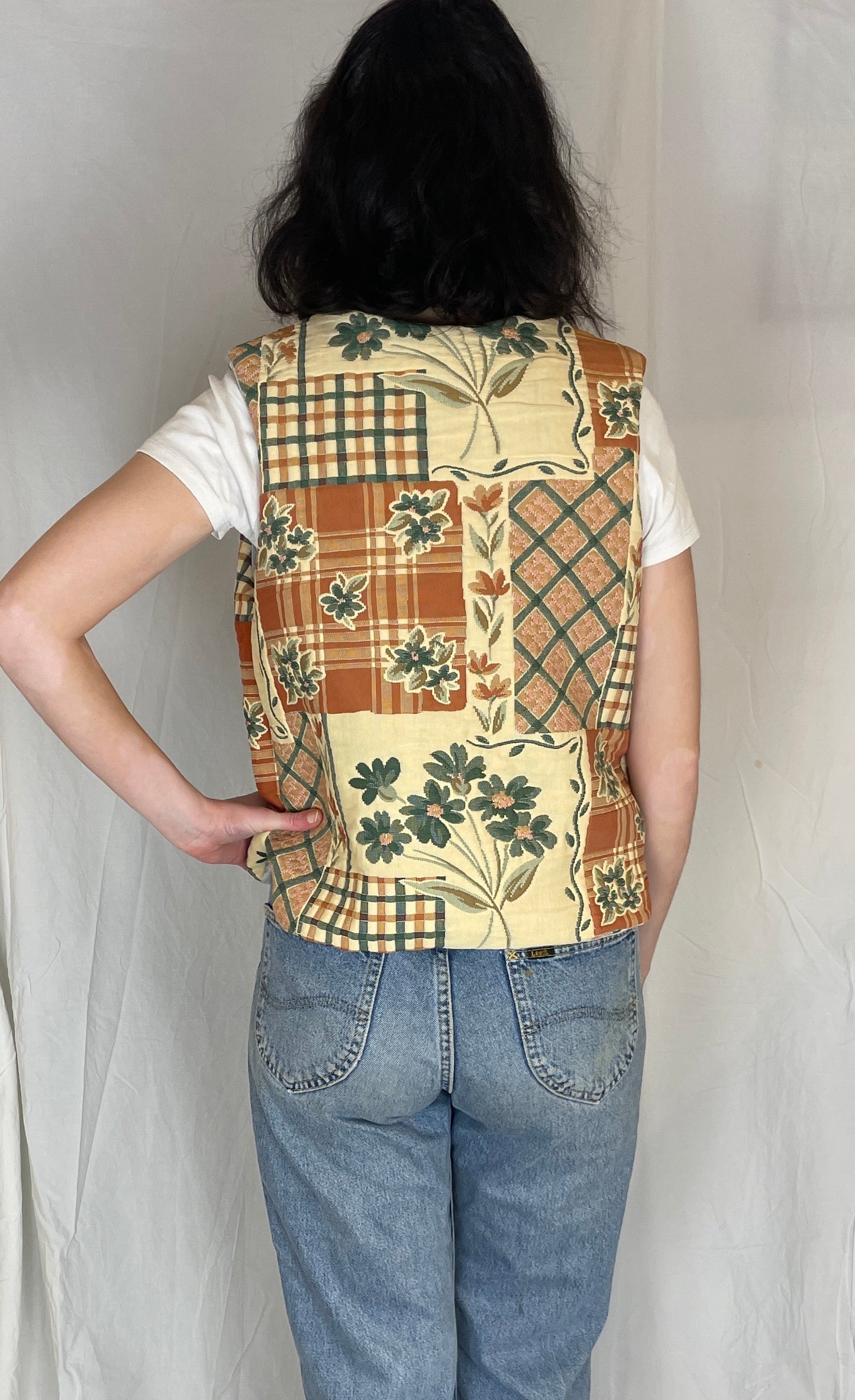 Zoe Handmade Orange Floral Tie Front Quilted Vest Gilet - Up To Size 12
