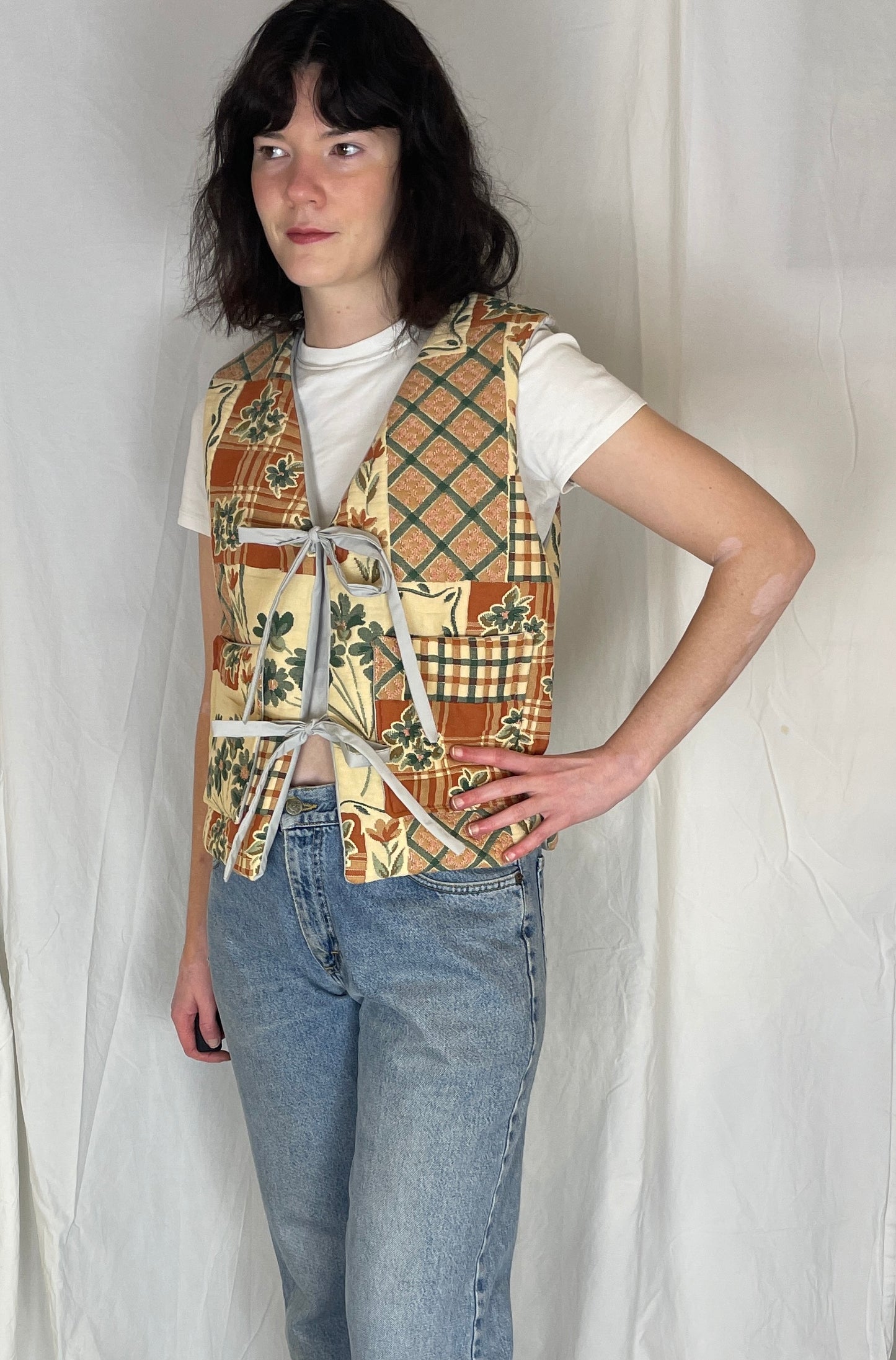 Zoe Handmade Orange Floral Tie Front Quilted Vest Gilet - Up To Size 12