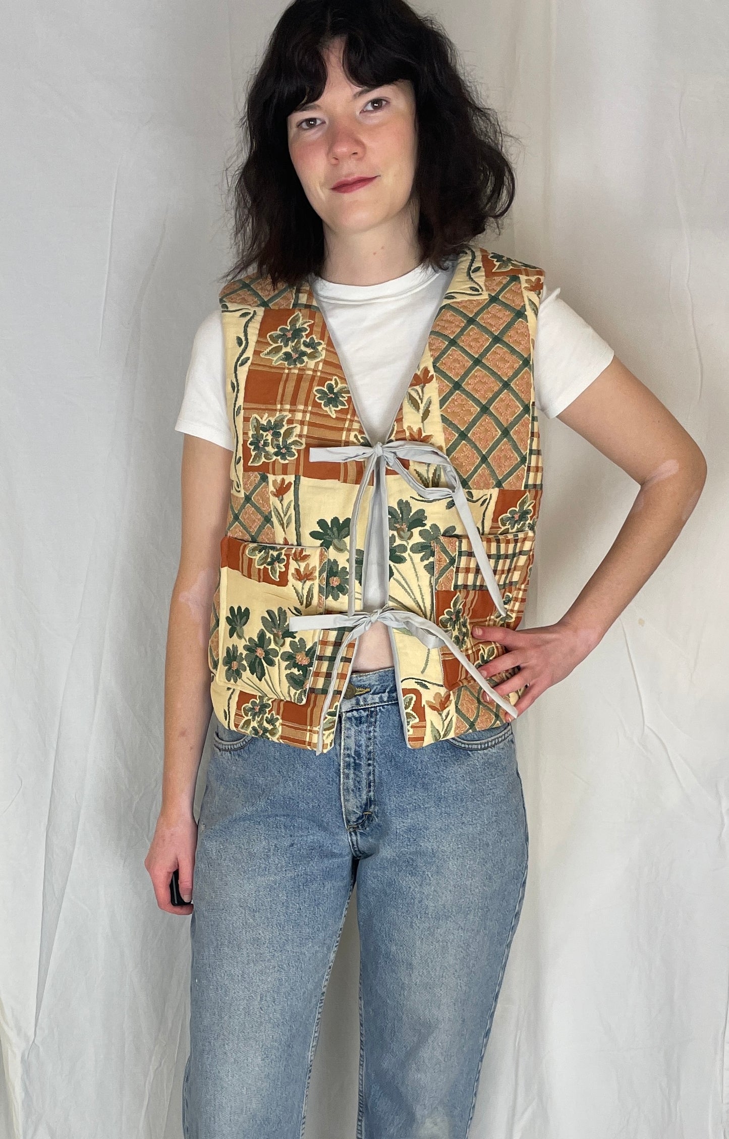 Zoe Handmade Orange Floral Tie Front Quilted Vest Gilet - Up To Size 12