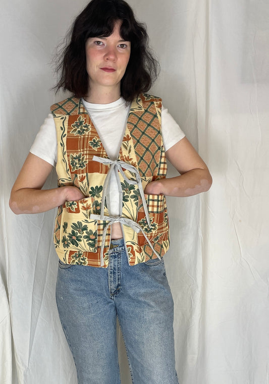 Zoe Handmade Orange Floral Tie Front Quilted Vest Gilet - Up To Size 12