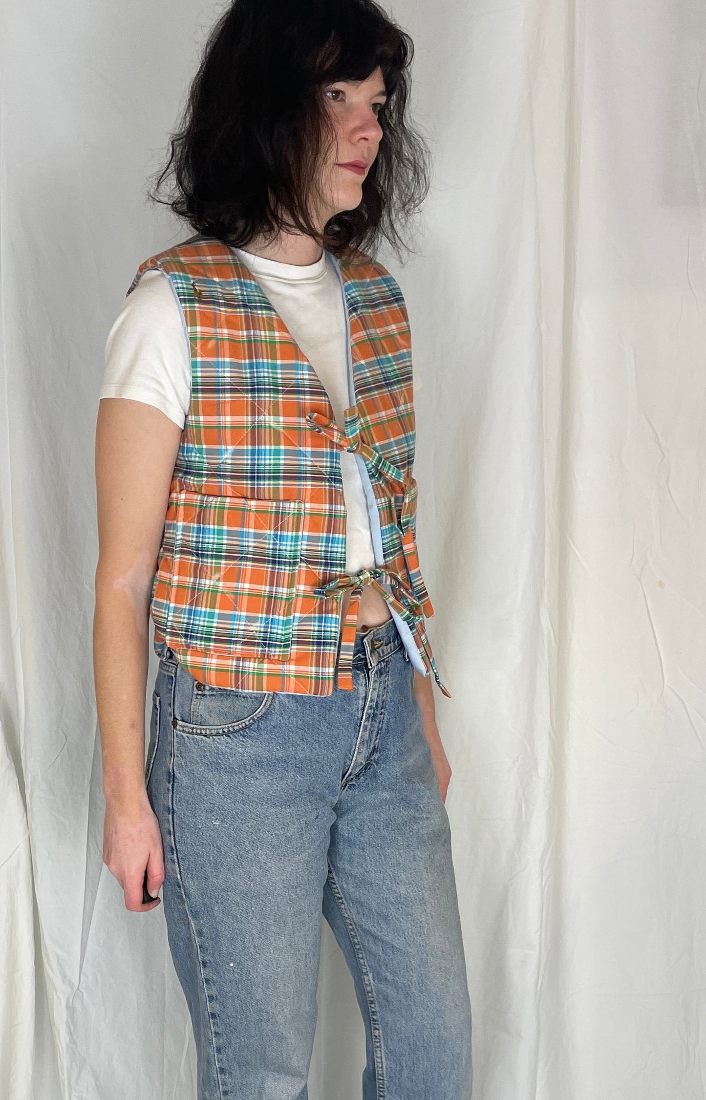 Zoe Handmade Orange and Blue Checked Tie Front Quilted Vest Gilet - Up To Size 10