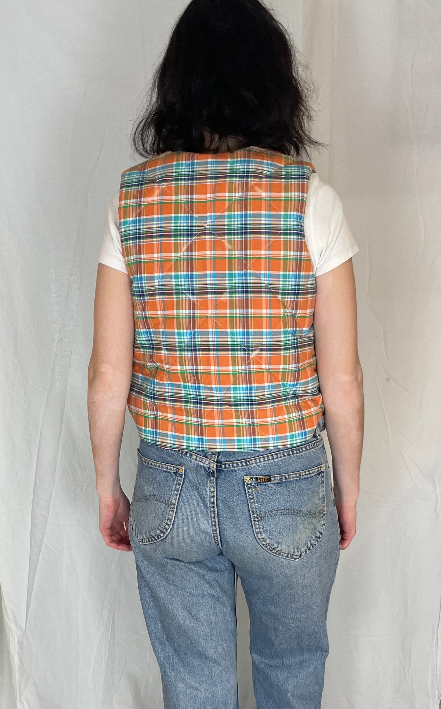 Zoe Handmade Orange and Blue Checked Tie Front Quilted Vest Gilet - Up To Size 10