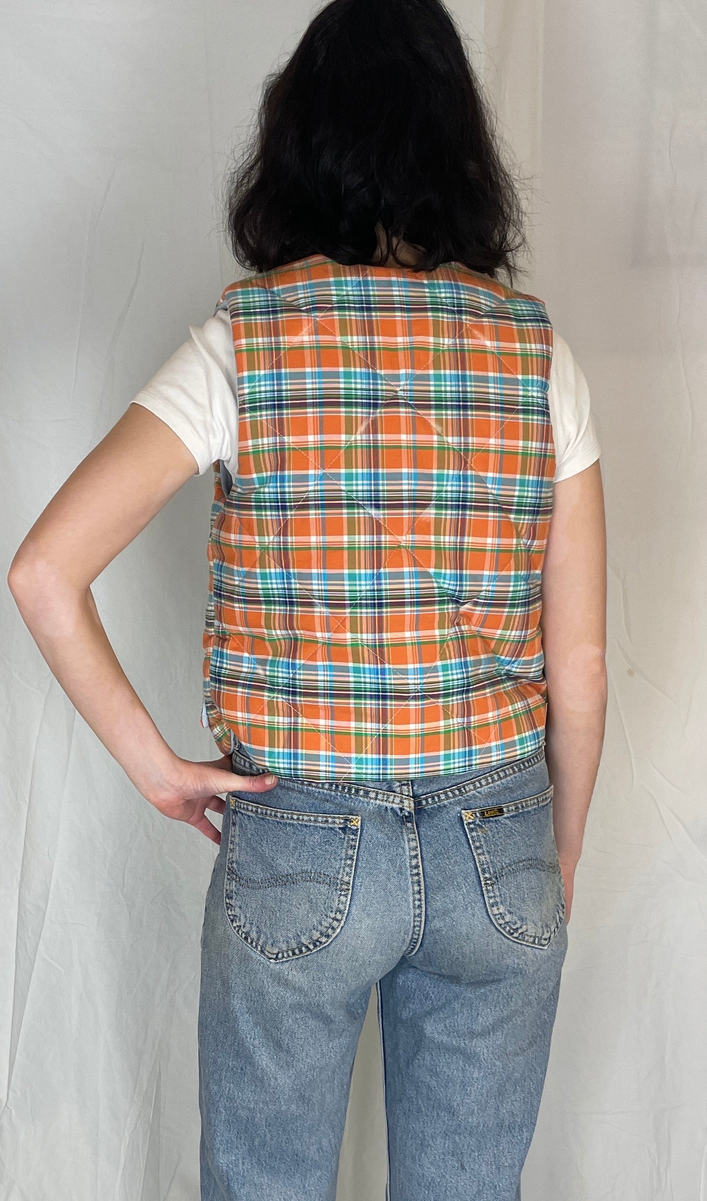 Zoe Handmade Orange and Blue Checked Tie Front Quilted Vest Gilet - Up To Size 10