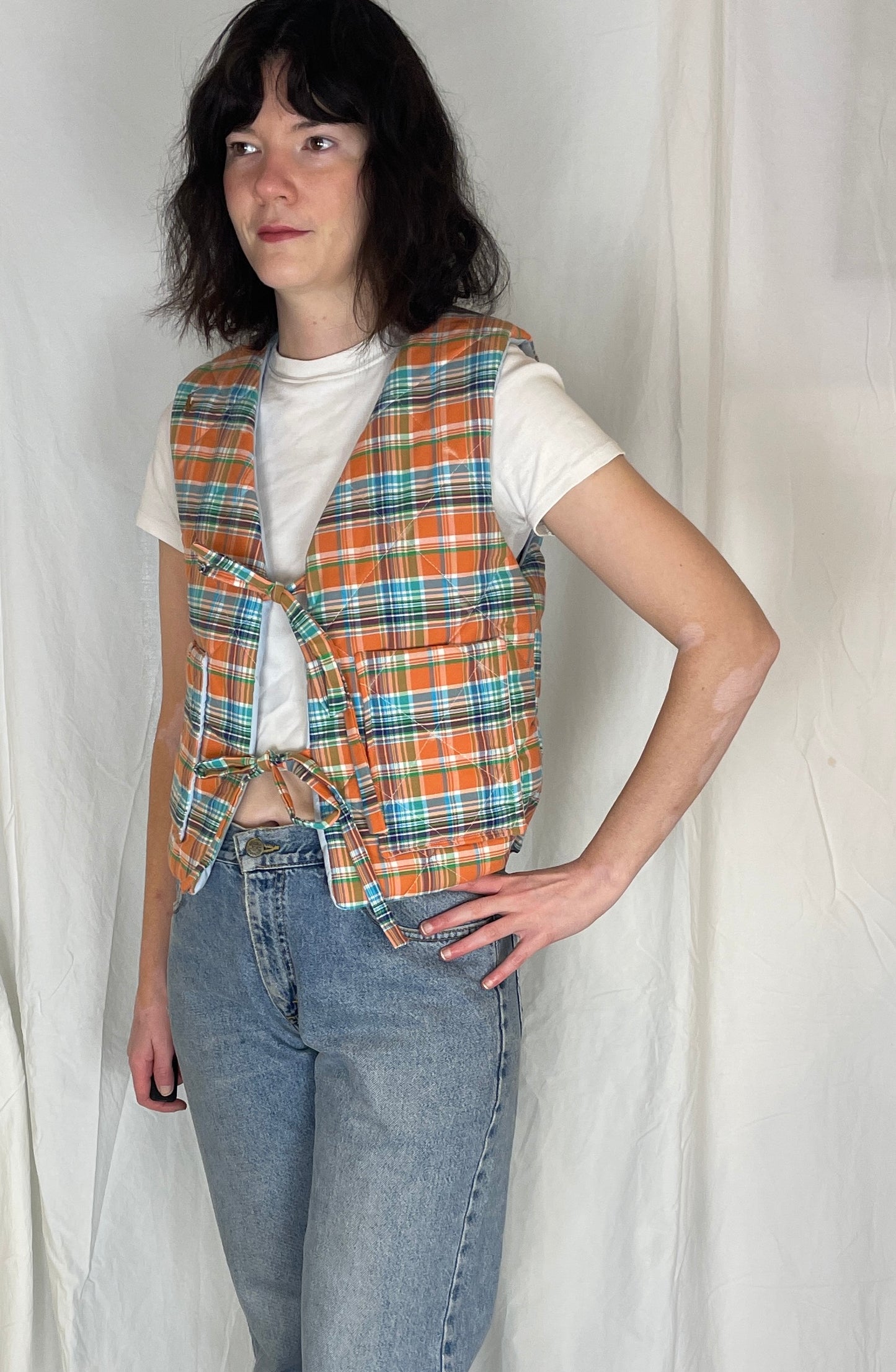 Zoe Handmade Orange and Blue Checked Tie Front Quilted Vest Gilet - Up To Size 10
